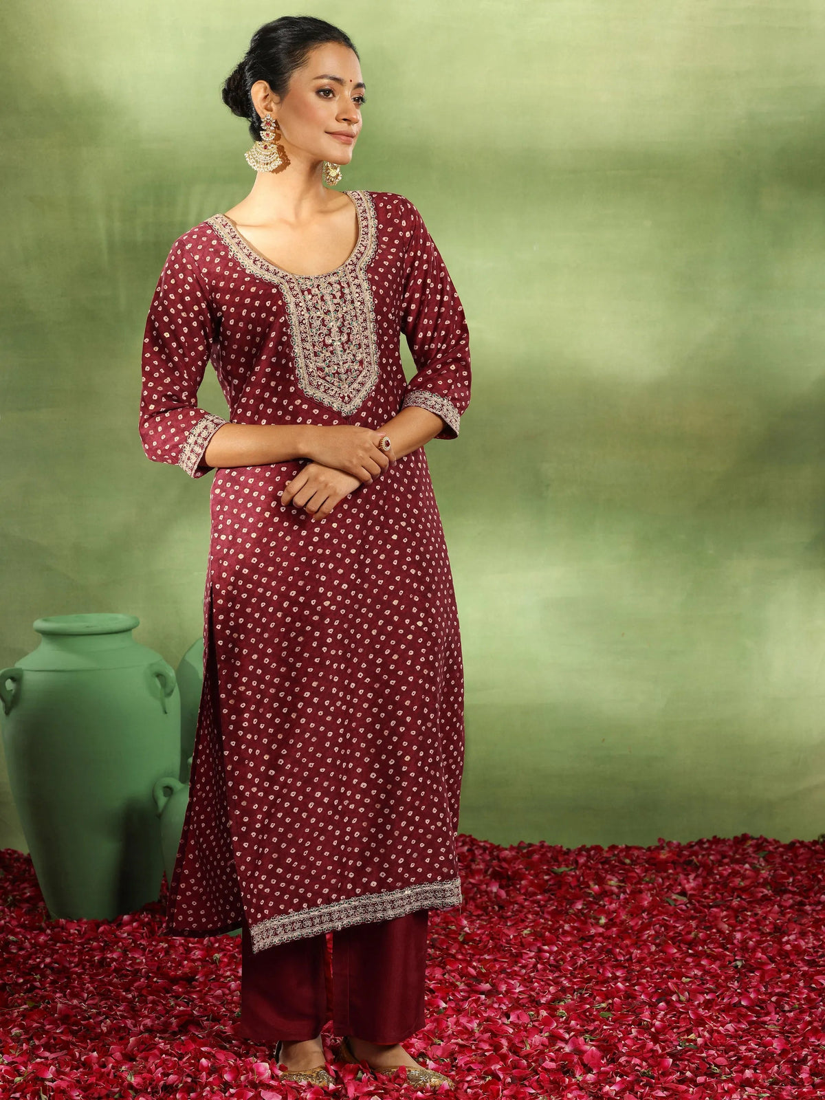 Anouk Maroon Printed Silk Blend Straight Suit With Dupatta