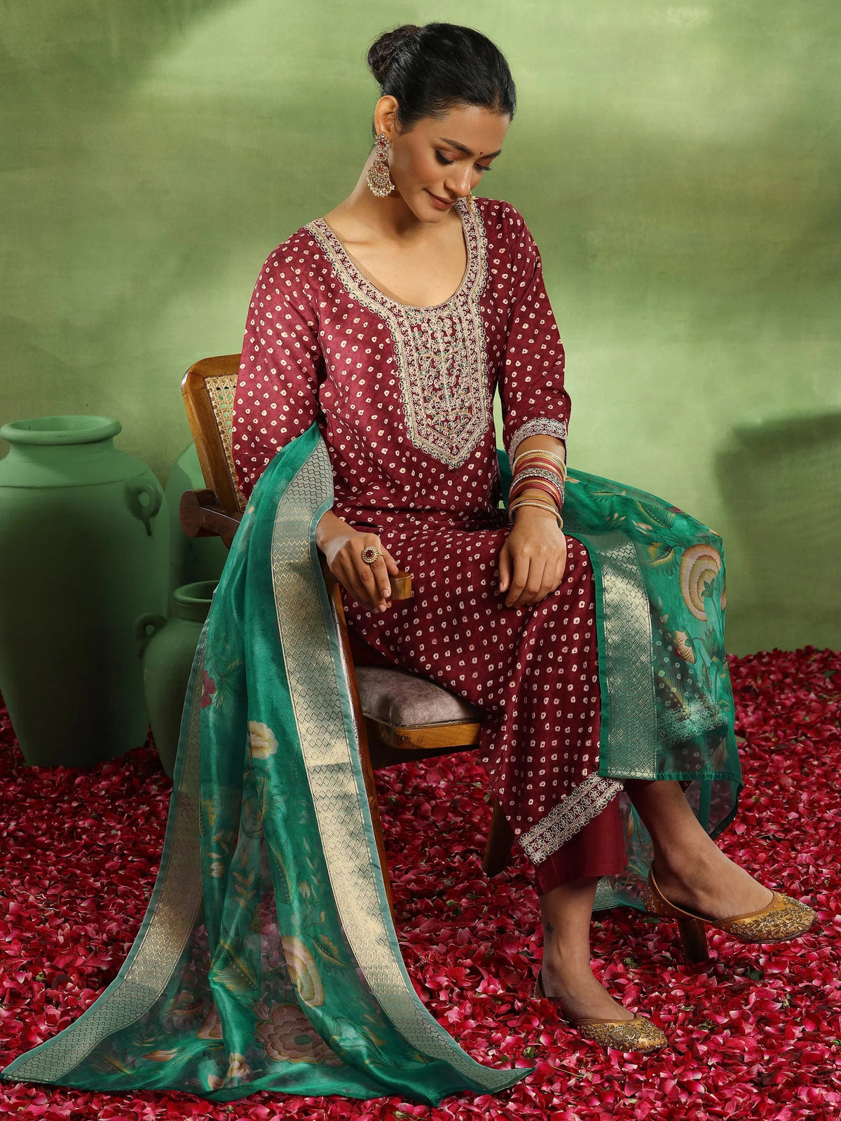 Anouk Maroon Printed Silk Blend Straight Suit With Dupatta