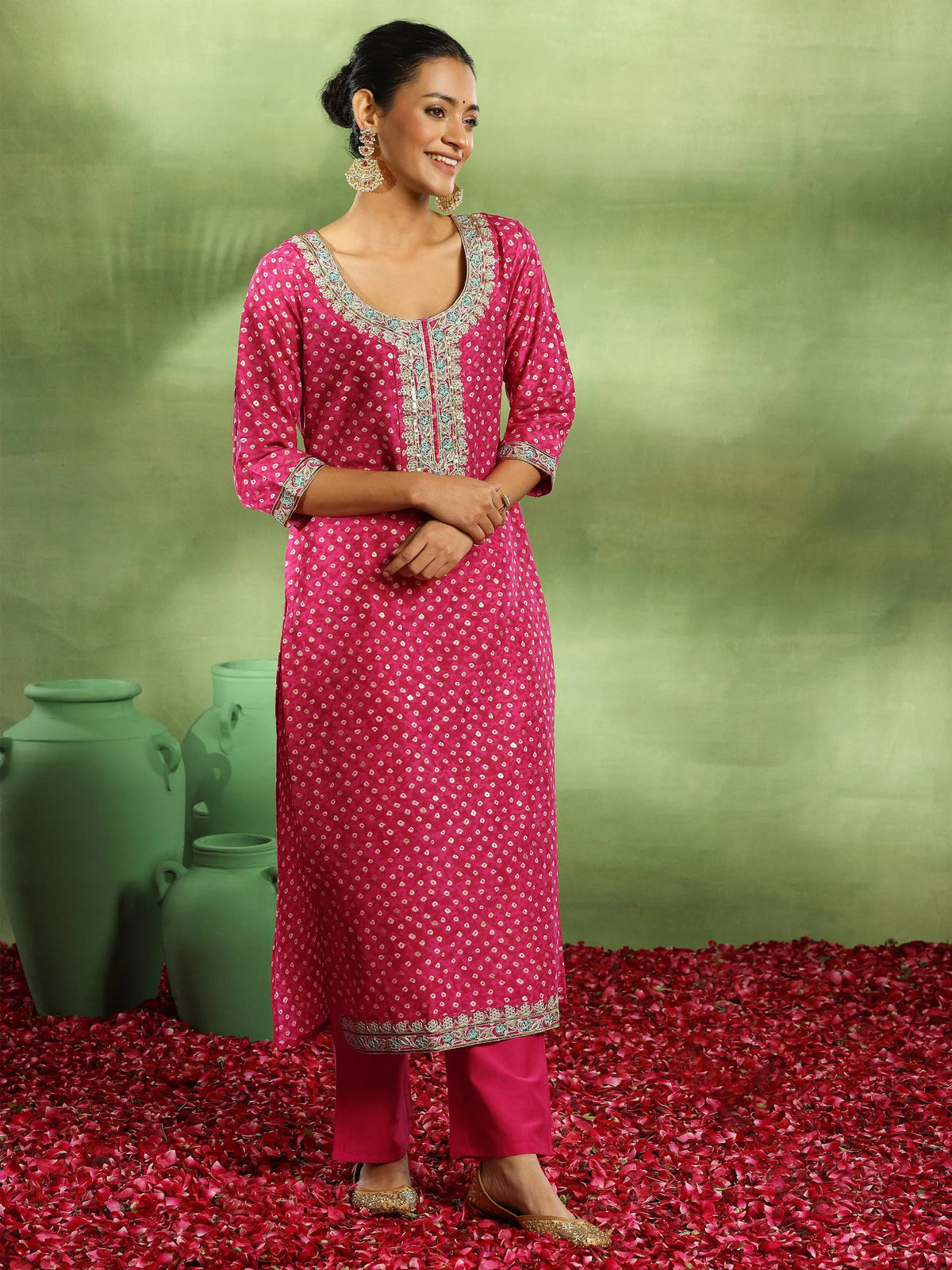 Anouk Pink Printed Silk Blend Straight Suit With Dupatta