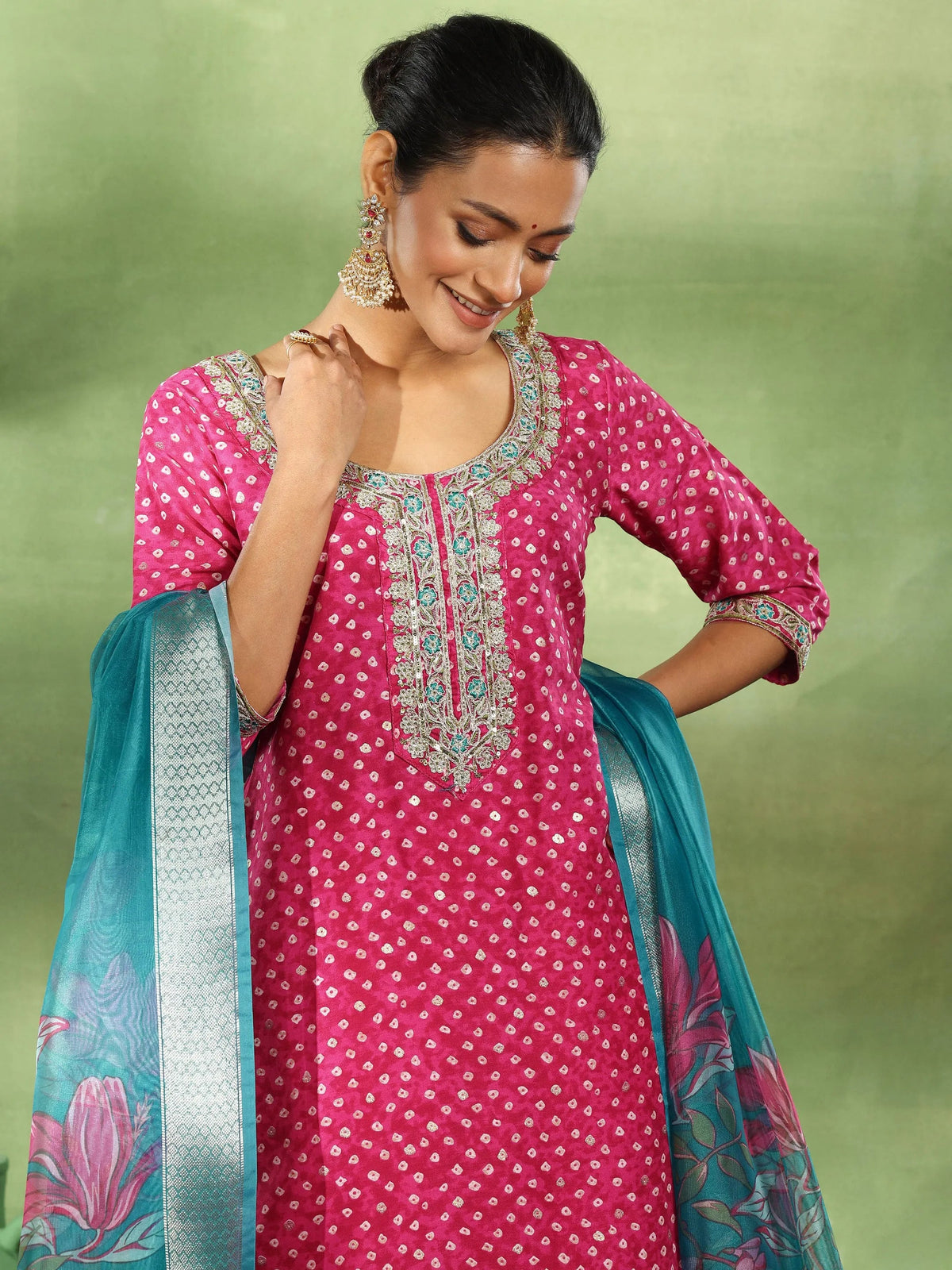 Anouk Pink Printed Silk Blend Straight Suit With Dupatta