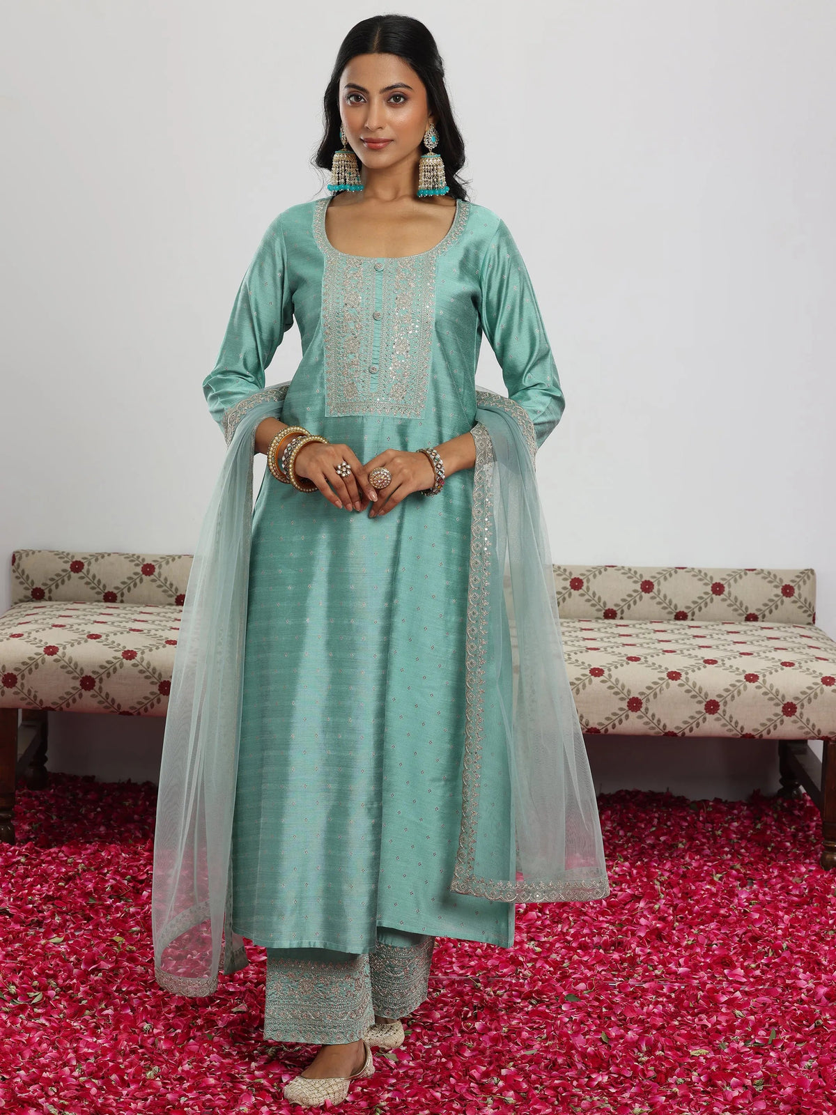 Anouk Sea Green Woven Design Chanderi Silk A-Line Kurta With Palazzos & Dupatta