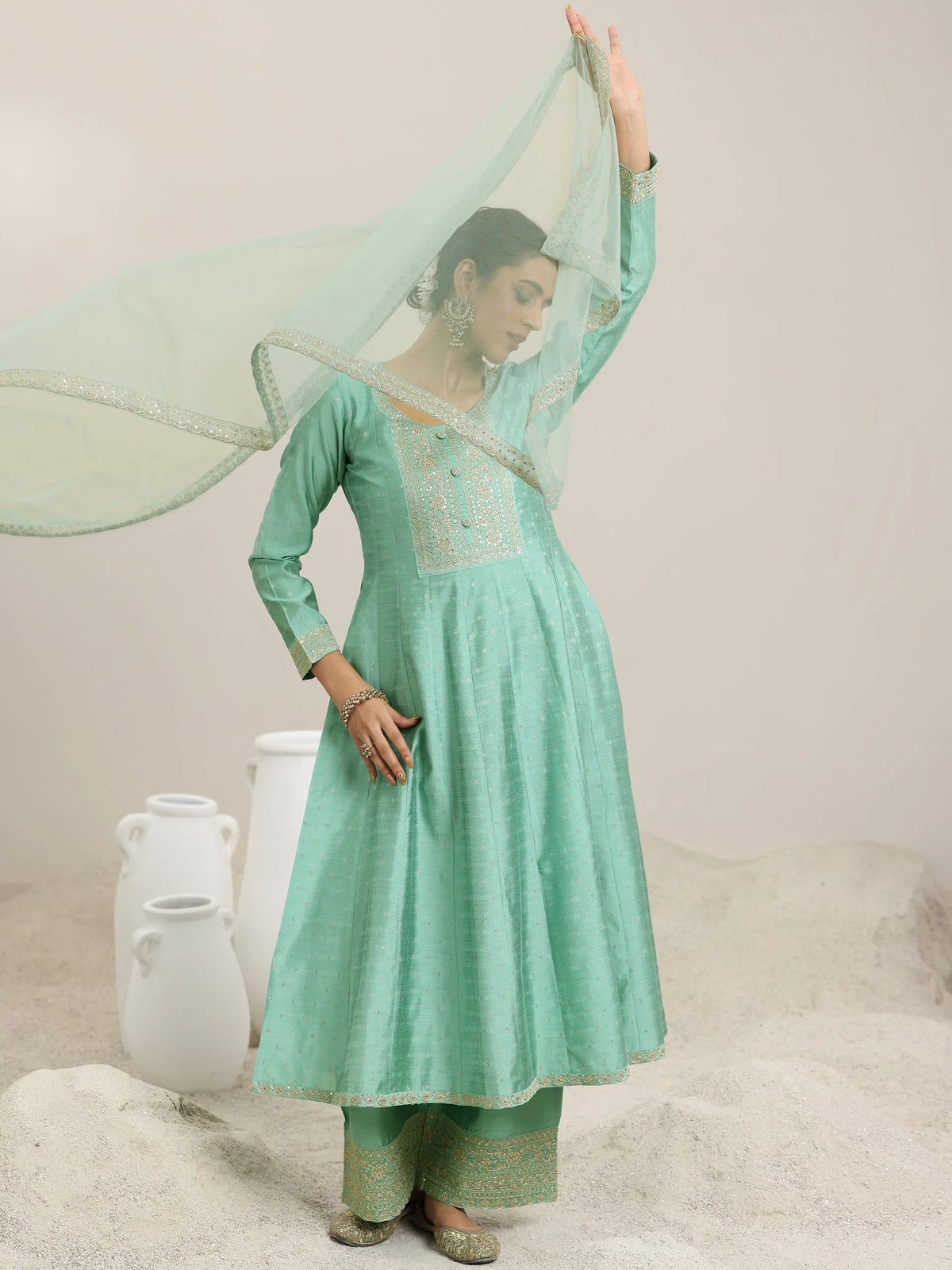 Anouk Sea Green Embroidered Chanderi Silk Anarkali Suit With Dupatta