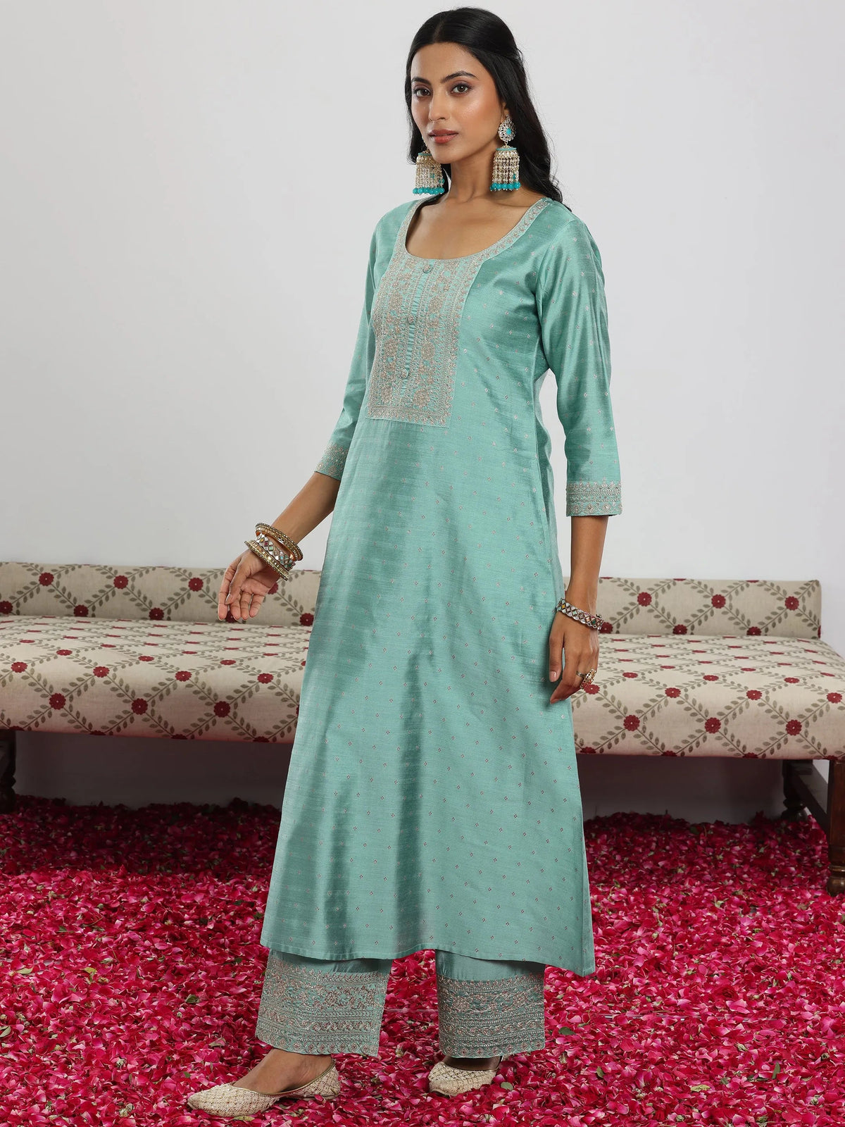 Anouk Sea Green Woven Design Chanderi Silk A-Line Kurta With Palazzos & Dupatta