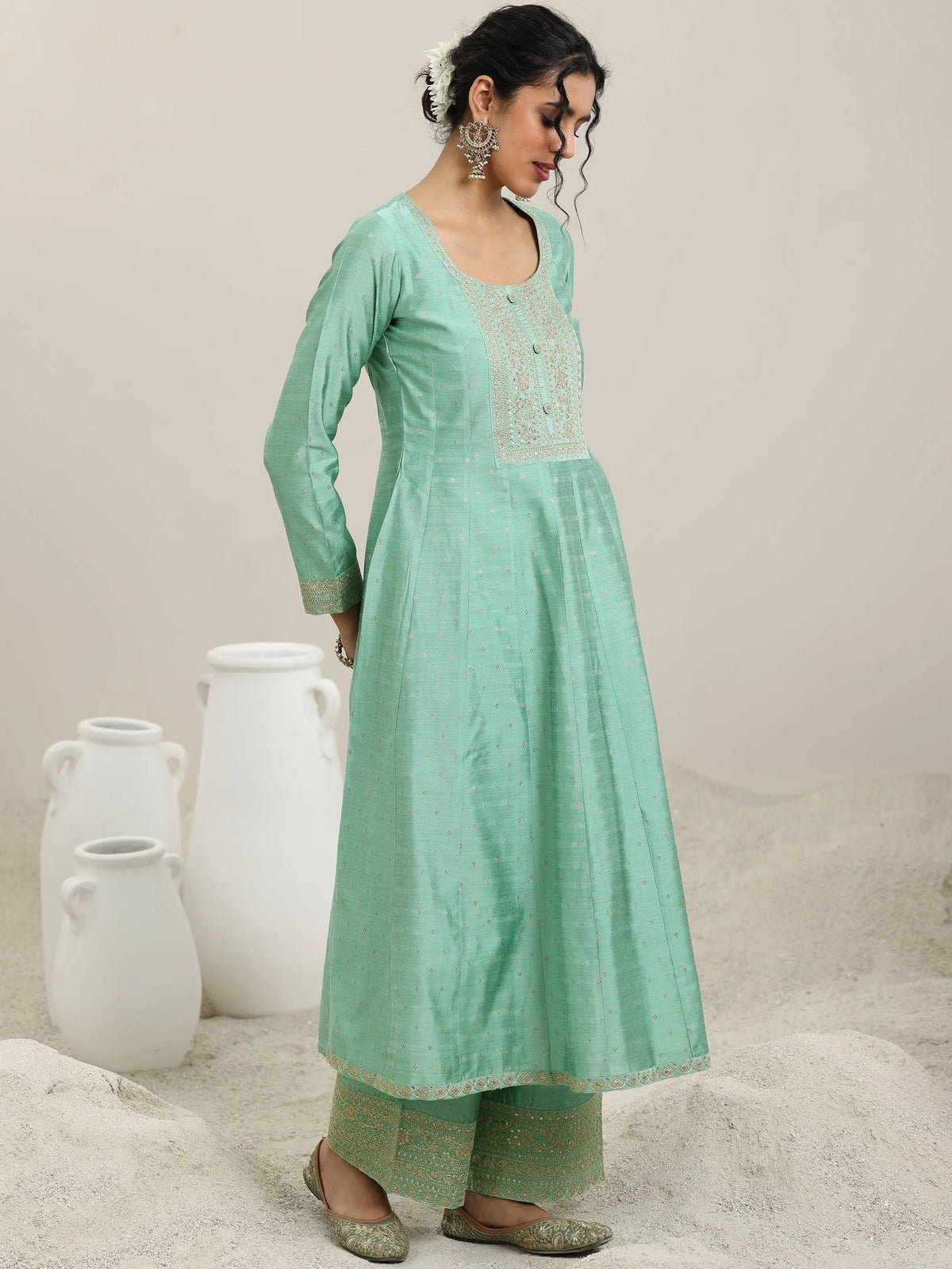Anouk Sea Green Embroidered Chanderi Silk Anarkali Suit With Dupatta