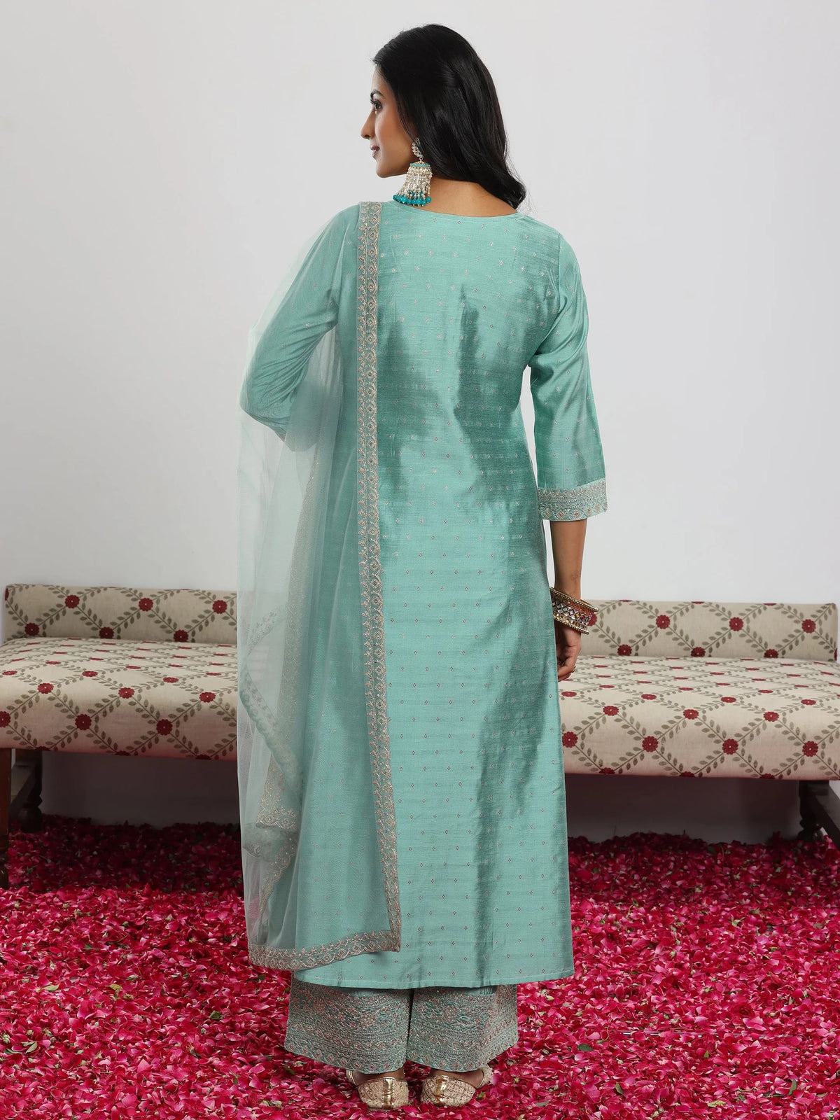 Anouk Sea Green Woven Design Chanderi Silk A-Line Kurta With Palazzos & Dupatta