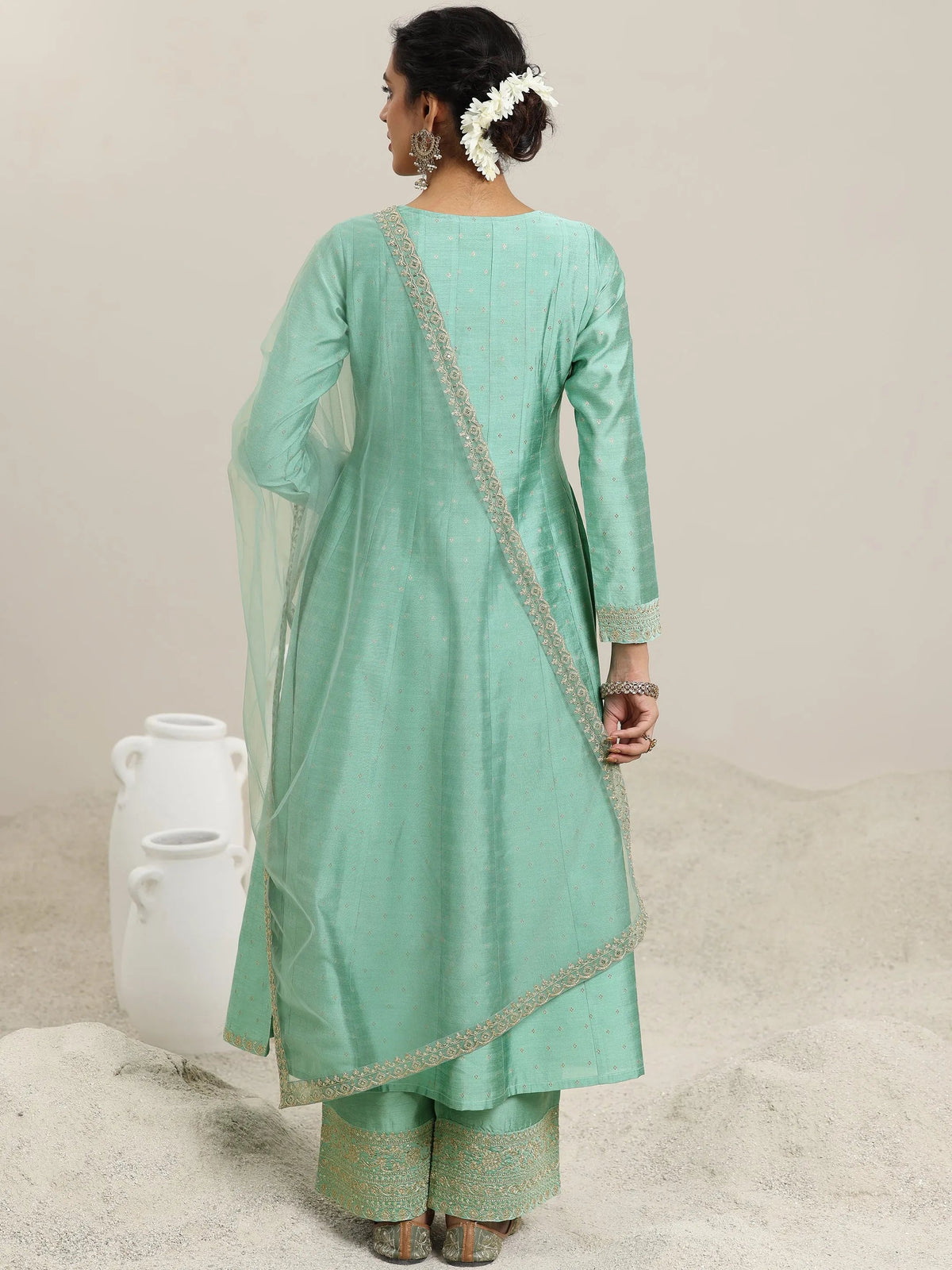 Anouk Sea Green Embroidered Chanderi Silk Anarkali Suit With Dupatta