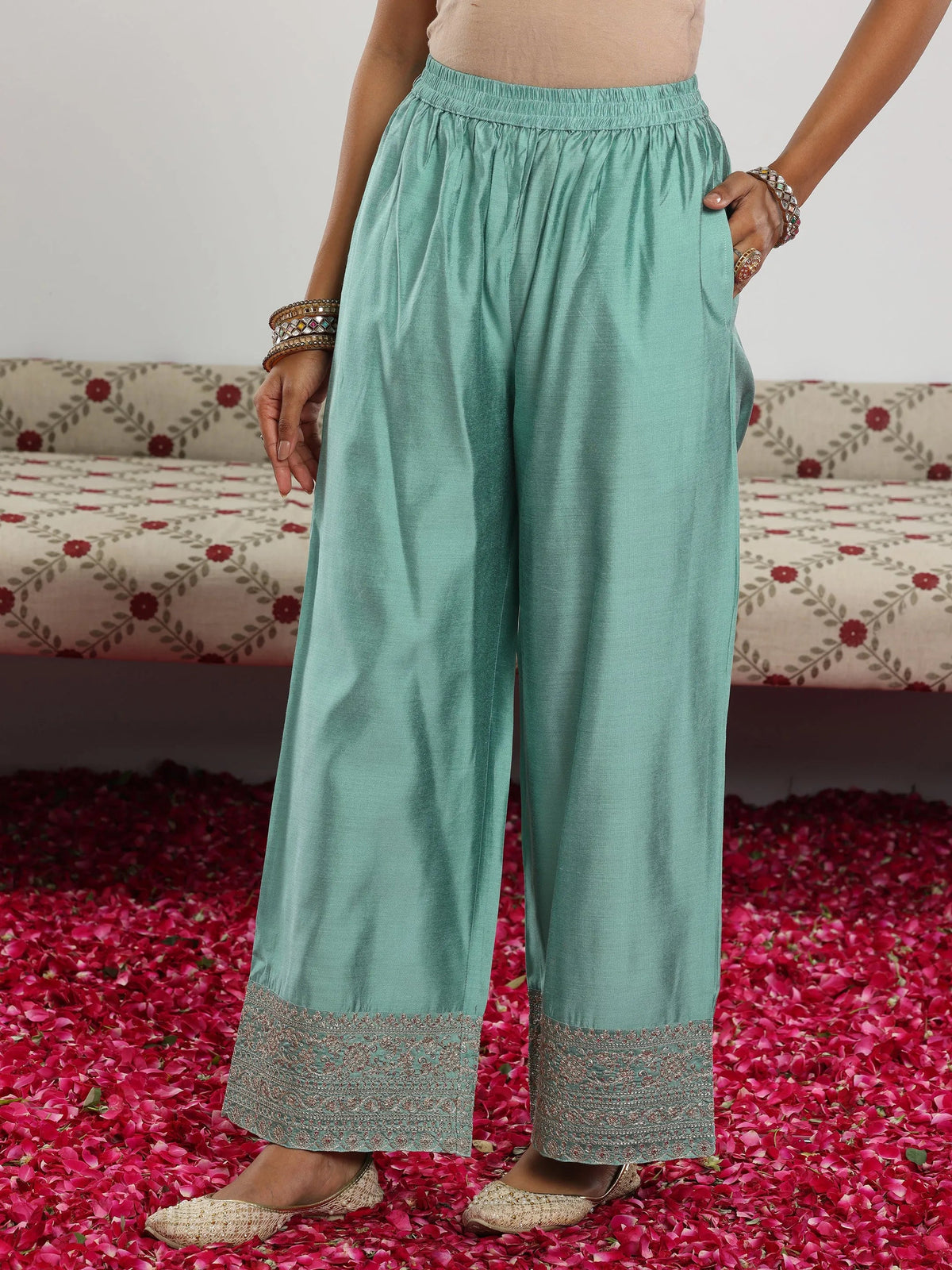 Anouk Sea Green Woven Design Chanderi Silk A-Line Kurta With Palazzos & Dupatta