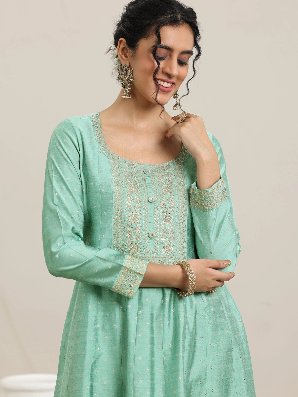 Anouk Sea Green Embroidered Chanderi Silk Anarkali Suit With Dupatta