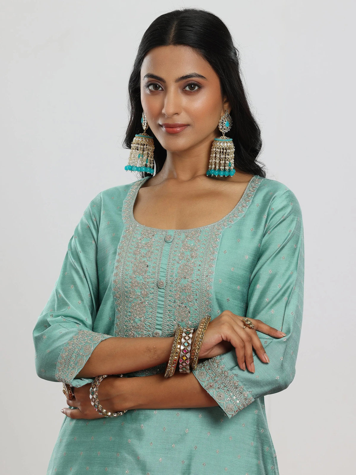 Anouk Sea Green Woven Design Chanderi Silk A-Line Kurta With Palazzos & Dupatta