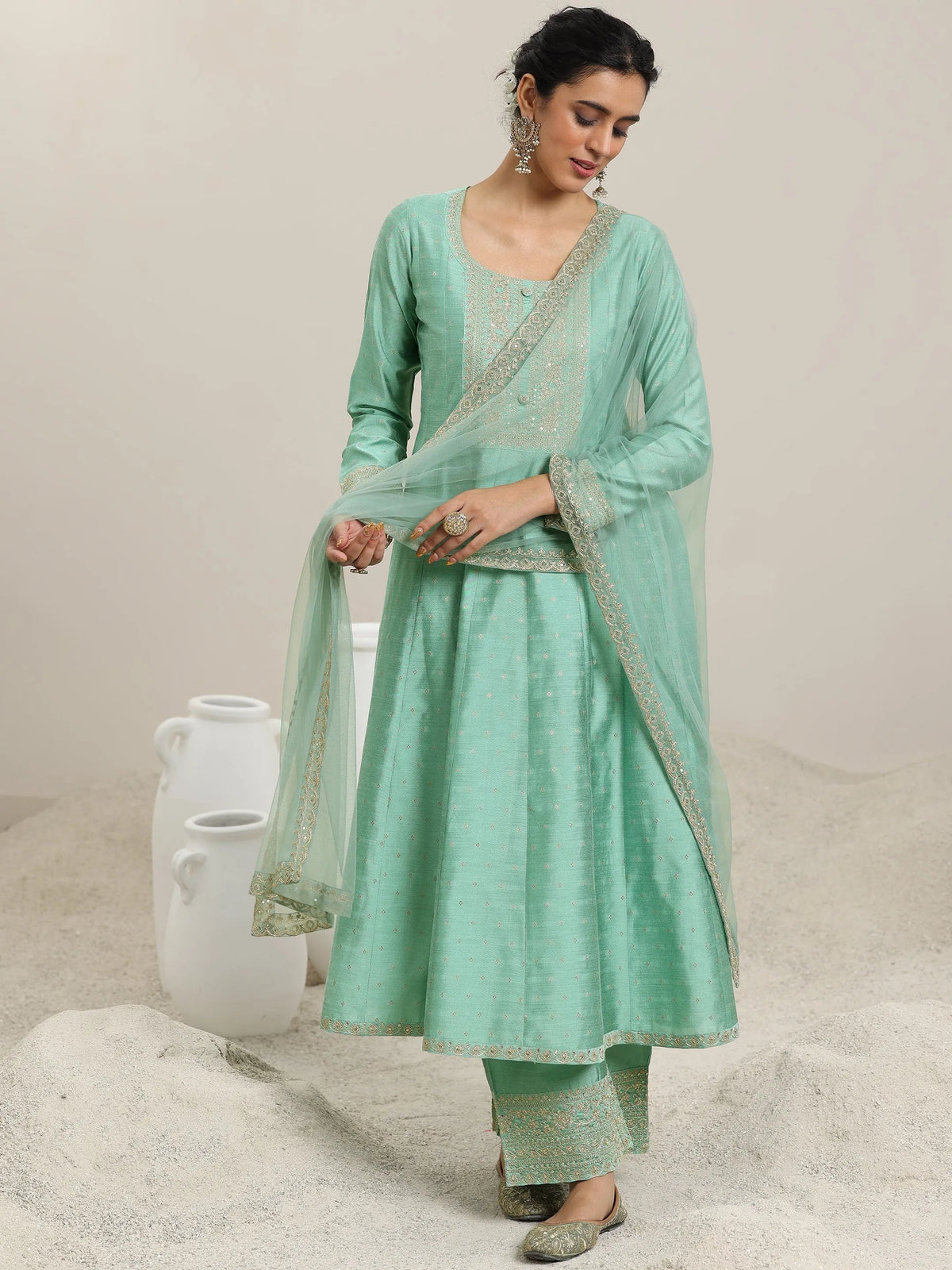 Anouk Sea Green Embroidered Chanderi Silk Anarkali Suit With Dupatta