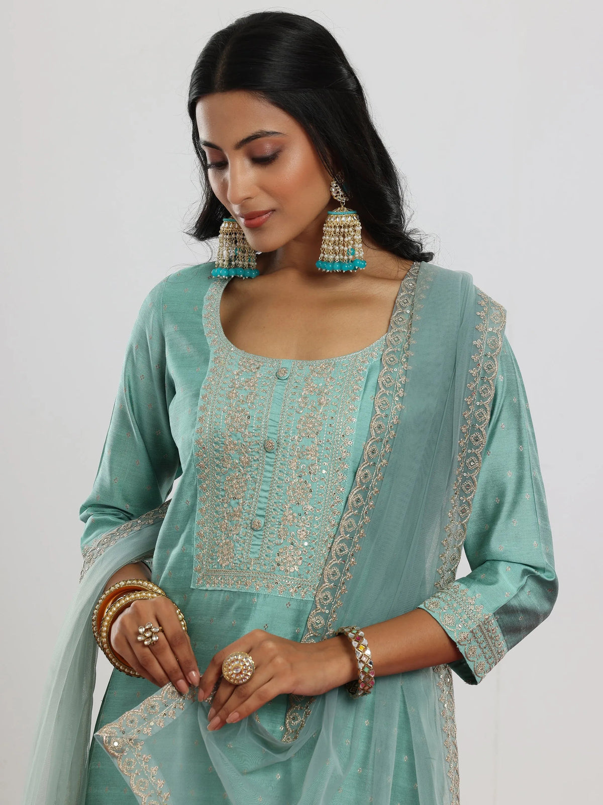 Anouk Sea Green Woven Design Chanderi Silk A-Line Kurta With Palazzos & Dupatta