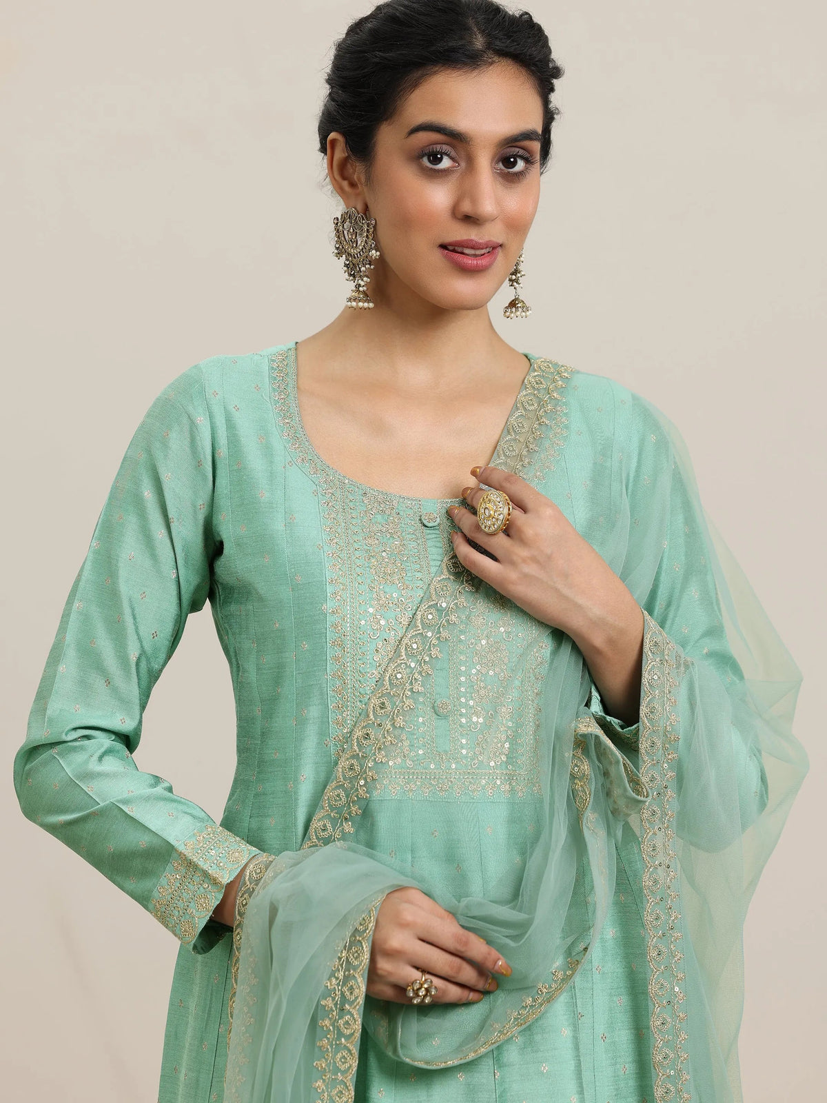 Anouk Sea Green Embroidered Chanderi Silk Anarkali Suit With Dupatta