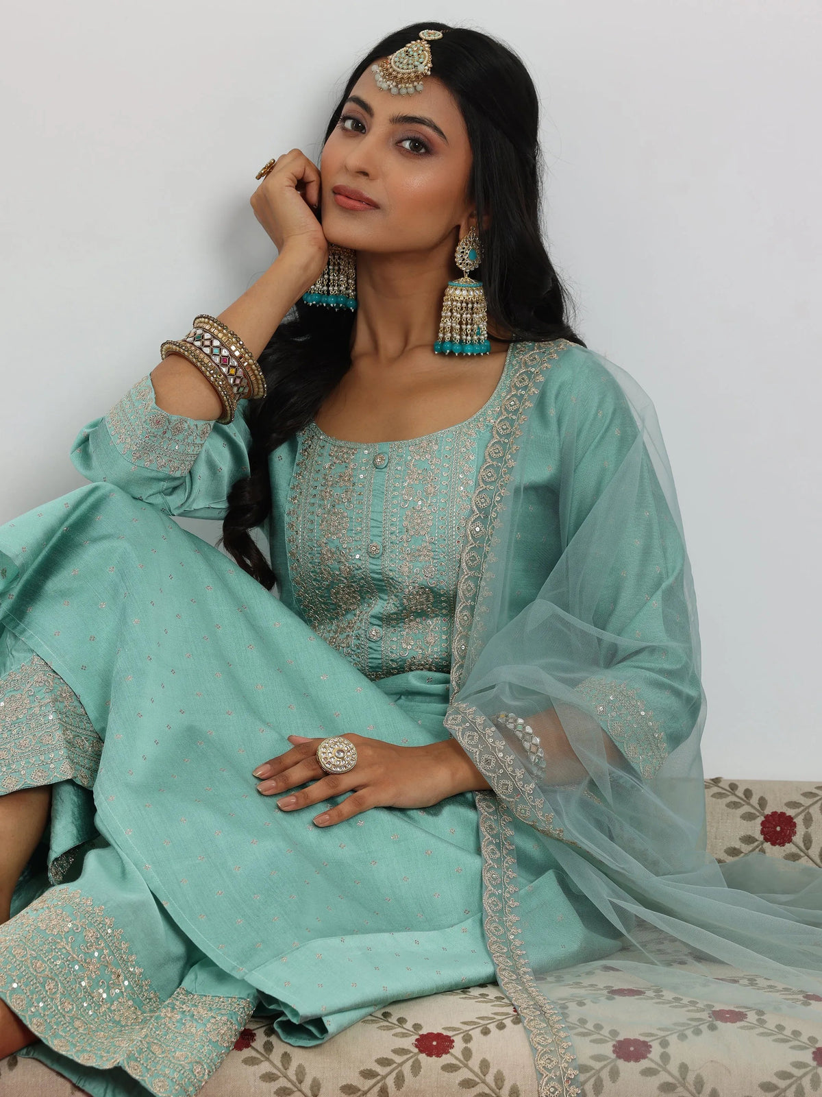 Anouk Sea Green Woven Design Chanderi Silk A-Line Kurta With Palazzos & Dupatta
