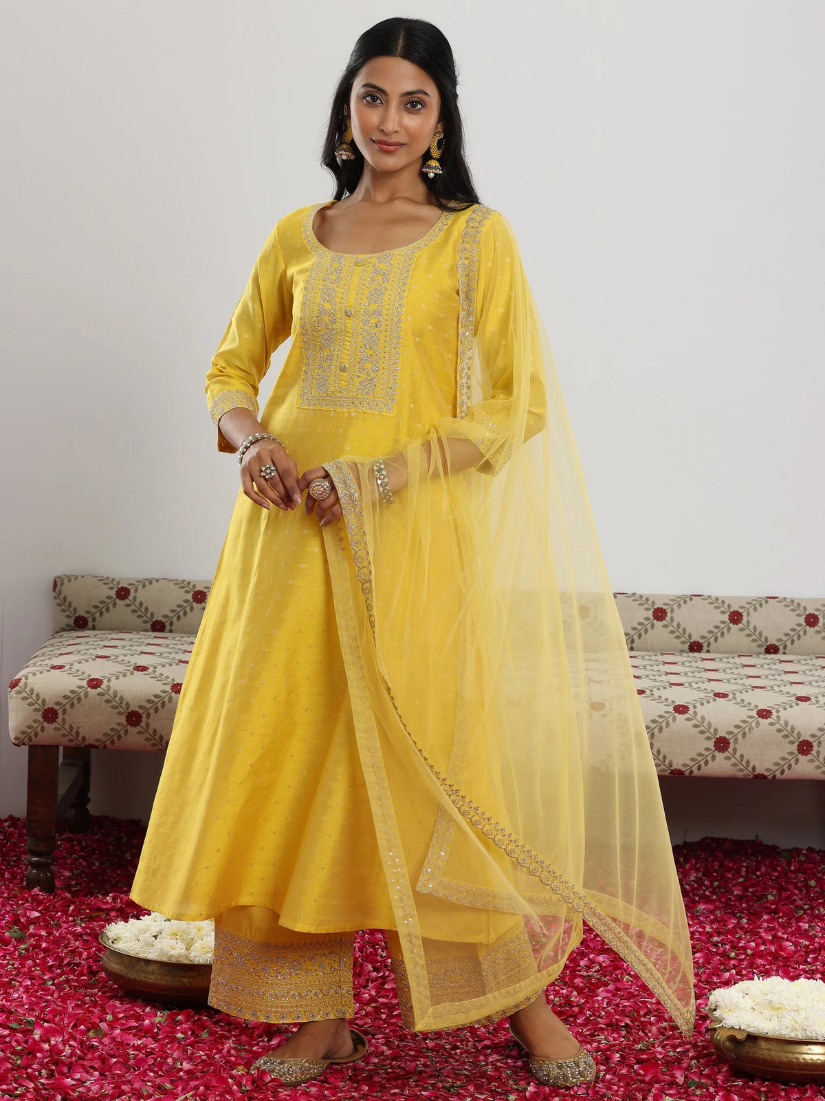 Anouk Yellow Woven Design Chanderi Silk A-Line Kurta With Trousers & Dupatta