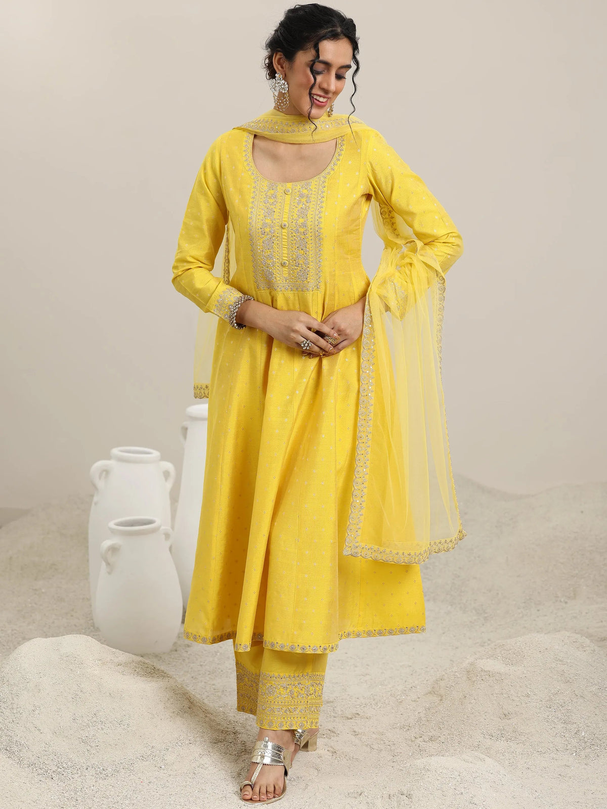 Anouk Yellow Embroidered Chanderi Silk Anarkali Suit With Dupatta