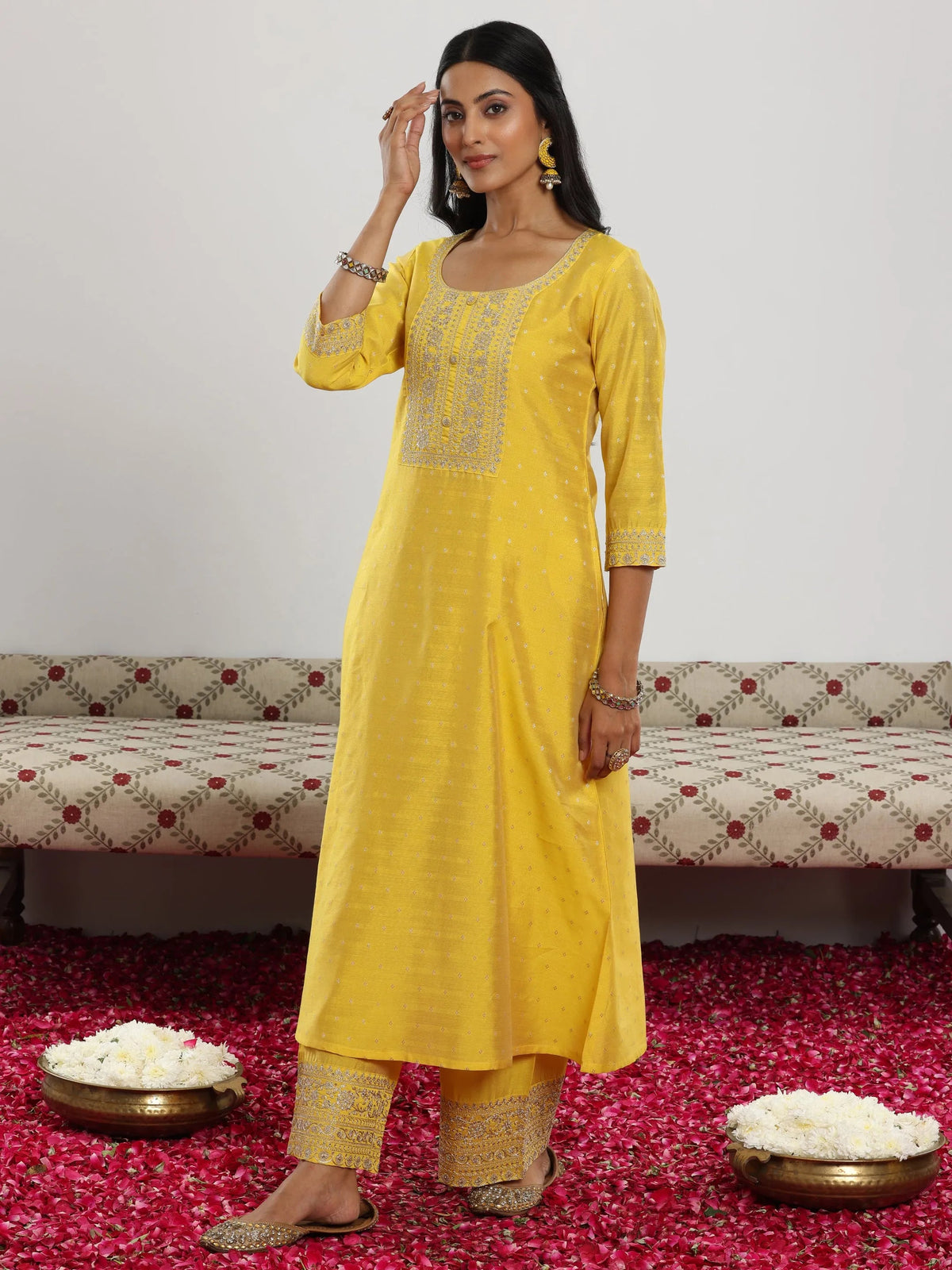 Anouk Yellow Woven Design Chanderi Silk A-Line Kurta With Trousers & Dupatta