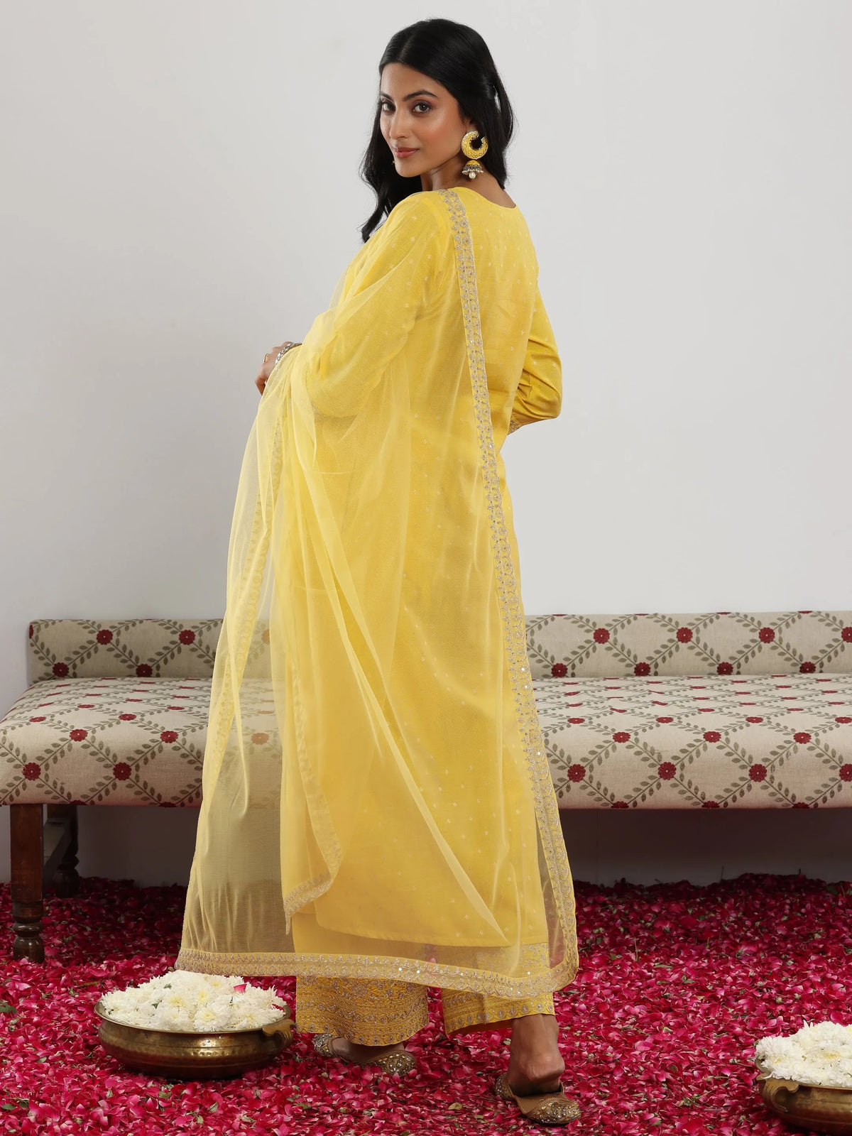 Anouk Yellow Woven Design Chanderi Silk A-Line Kurta With Trousers & Dupatta