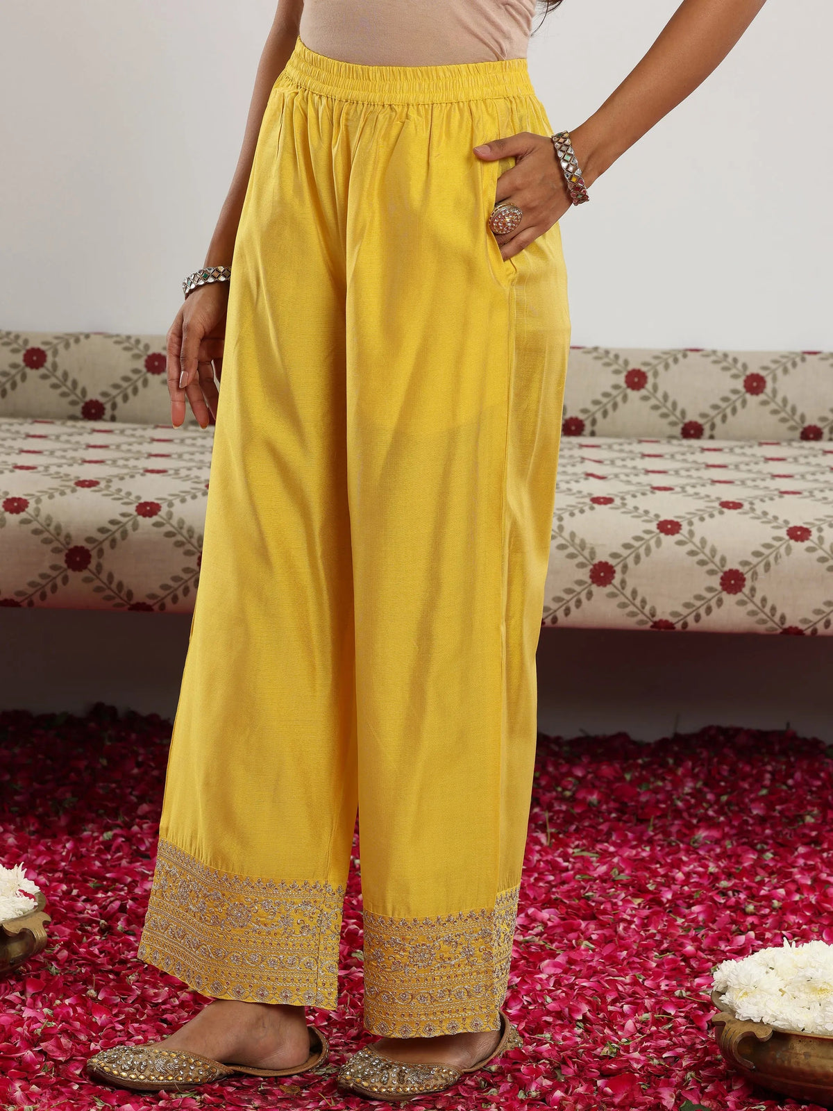 Anouk Yellow Woven Design Chanderi Silk A-Line Kurta With Trousers & Dupatta