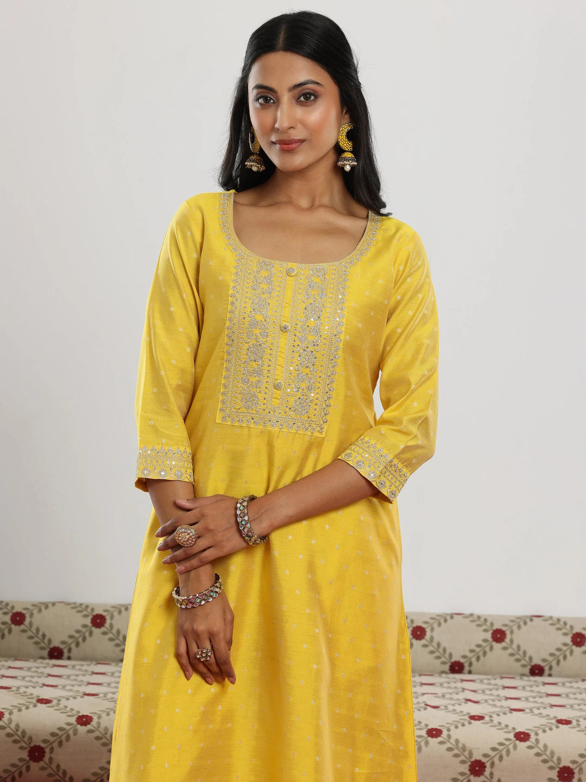 Anouk Yellow Woven Design Chanderi Silk A-Line Kurta With Trousers & Dupatta