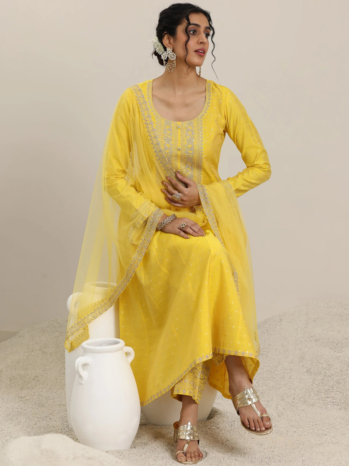 Anouk Yellow Embroidered Chanderi Silk Anarkali Suit With Dupatta