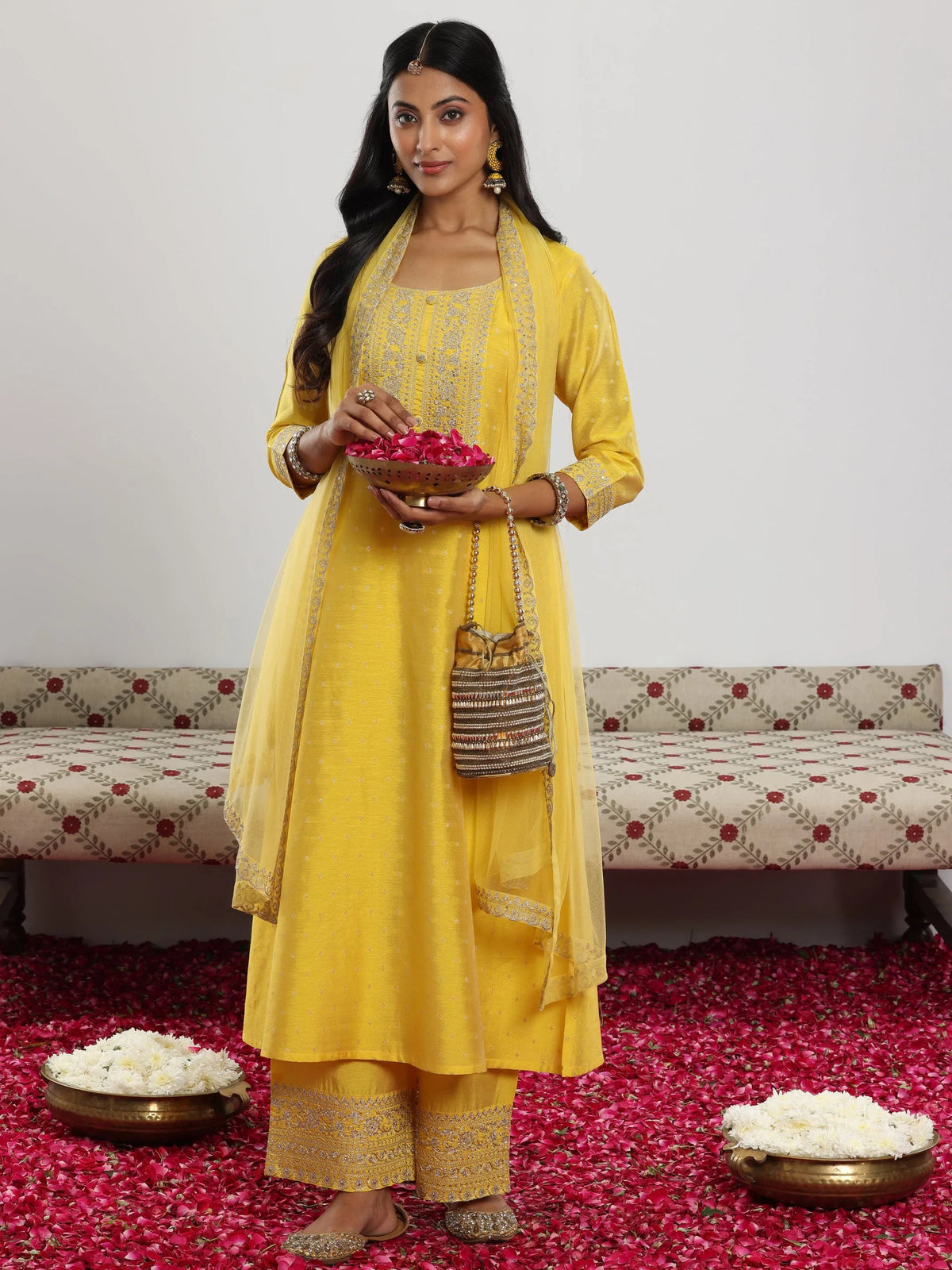 Anouk Yellow Woven Design Chanderi Silk A-Line Kurta With Trousers & Dupatta