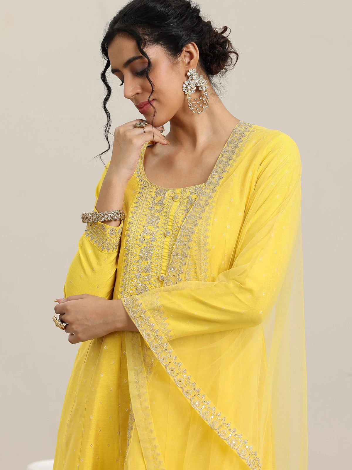 Anouk Yellow Embroidered Chanderi Silk Anarkali Suit With Dupatta