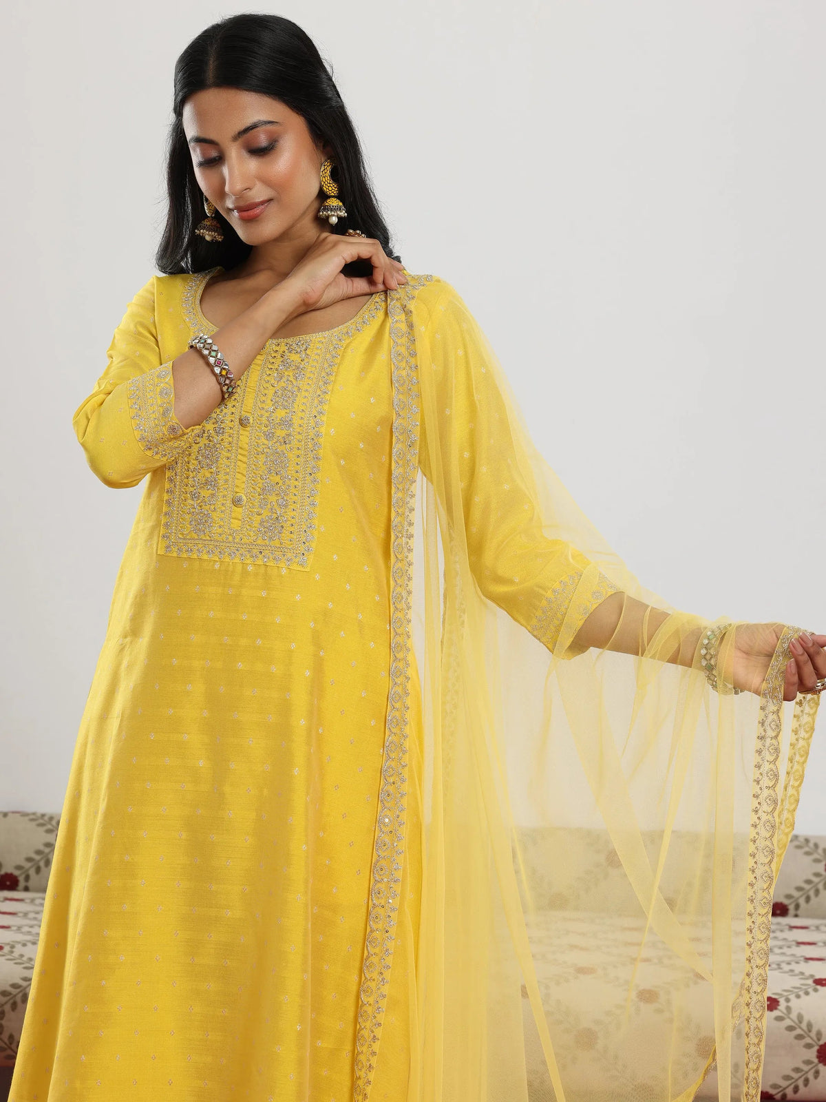 Anouk Yellow Woven Design Chanderi Silk A-Line Kurta With Trousers & Dupatta