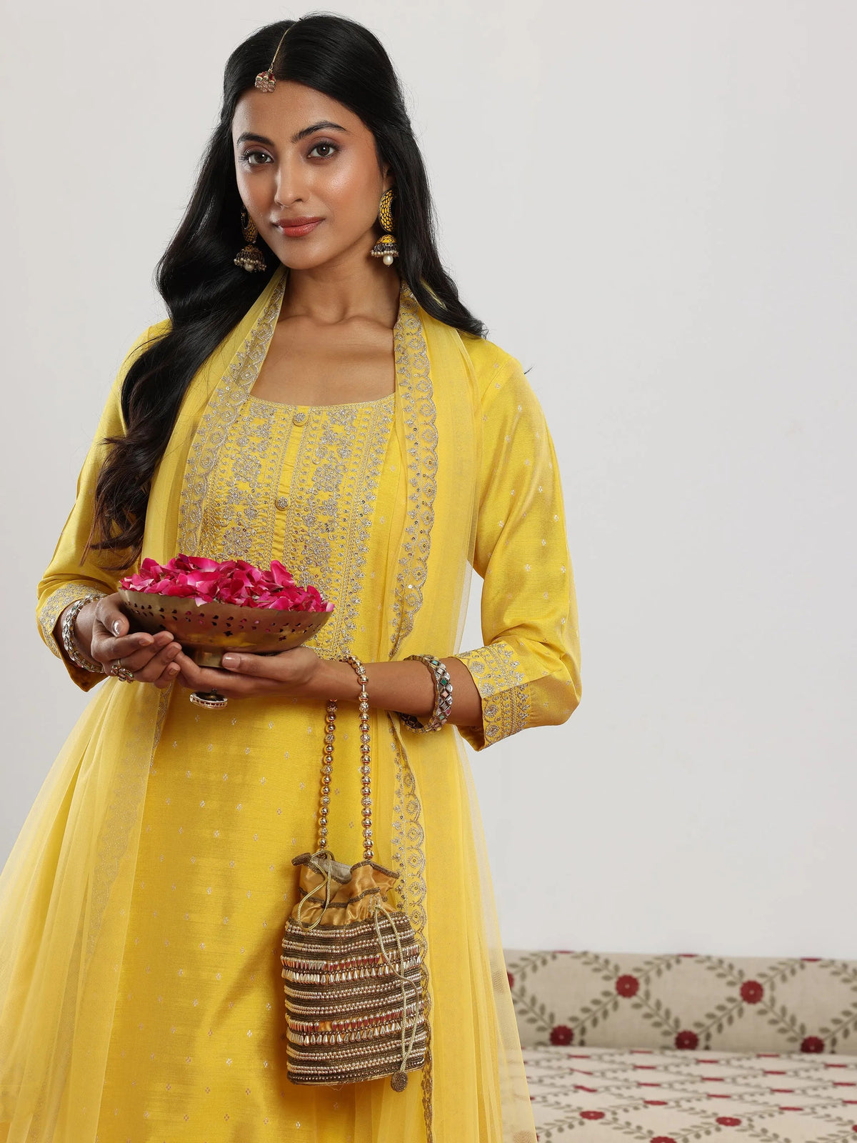 Anouk Yellow Woven Design Chanderi Silk A-Line Kurta With Trousers & Dupatta