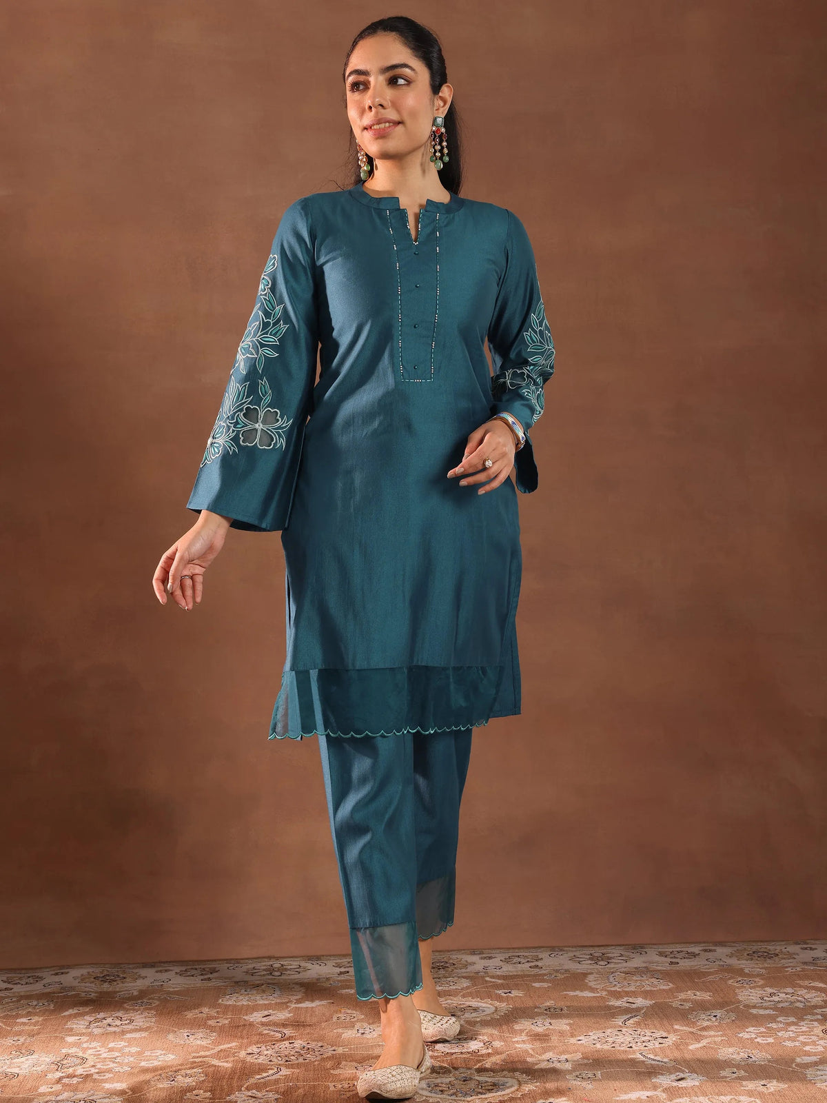 Anouk Blue Embroidered Silk Blend Straight Kurta Set