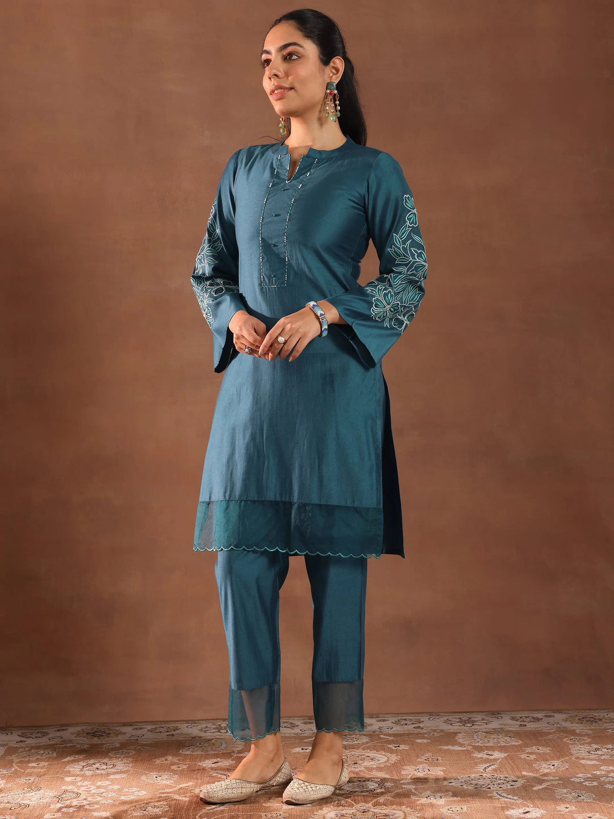 Anouk Blue Embroidered Silk Blend Straight Kurta Set