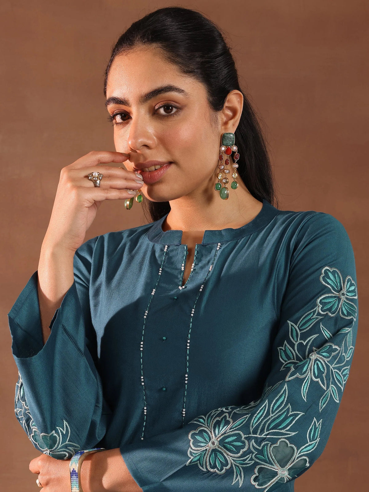 Anouk Blue Embroidered Silk Blend Straight Kurta Set
