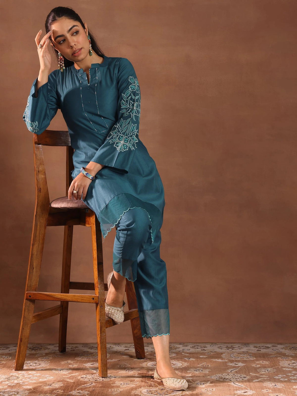 Anouk Blue Embroidered Silk Blend Straight Kurta Set