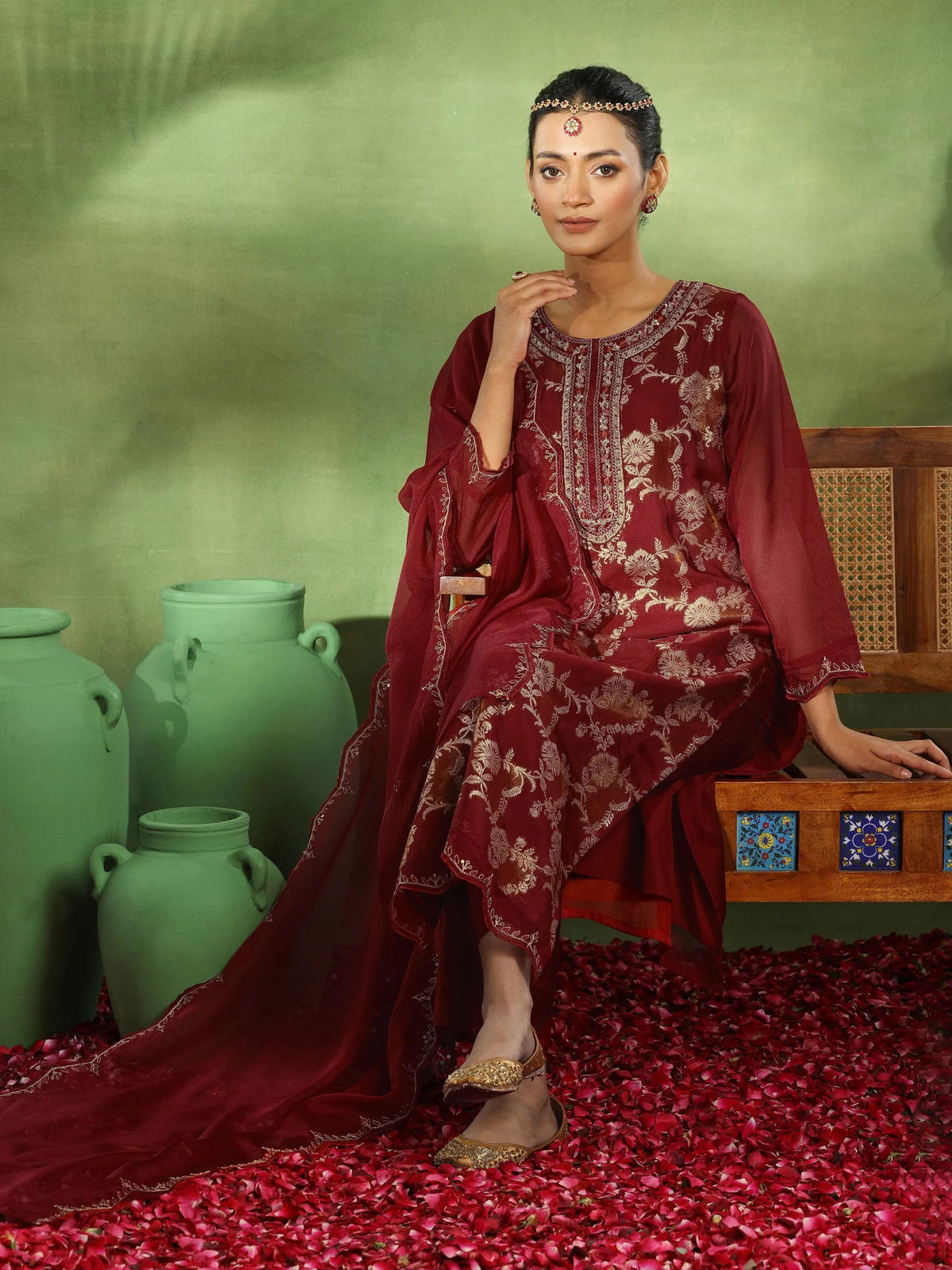 Anouk Maroon Woven Design Organza Straight Suit With Dupatta
