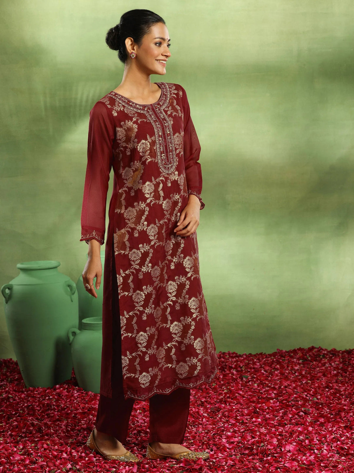 Anouk Maroon Woven Design Organza Straight Suit With Dupatta