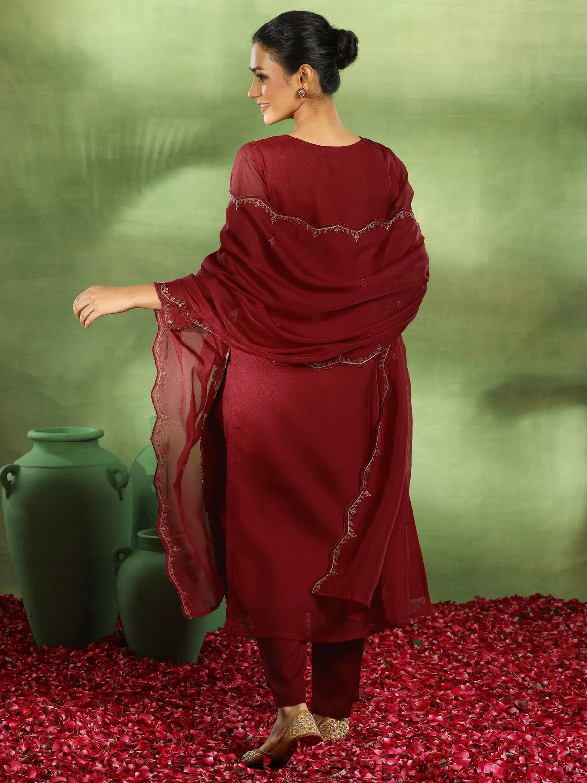 Anouk Maroon Woven Design Organza Straight Suit With Dupatta