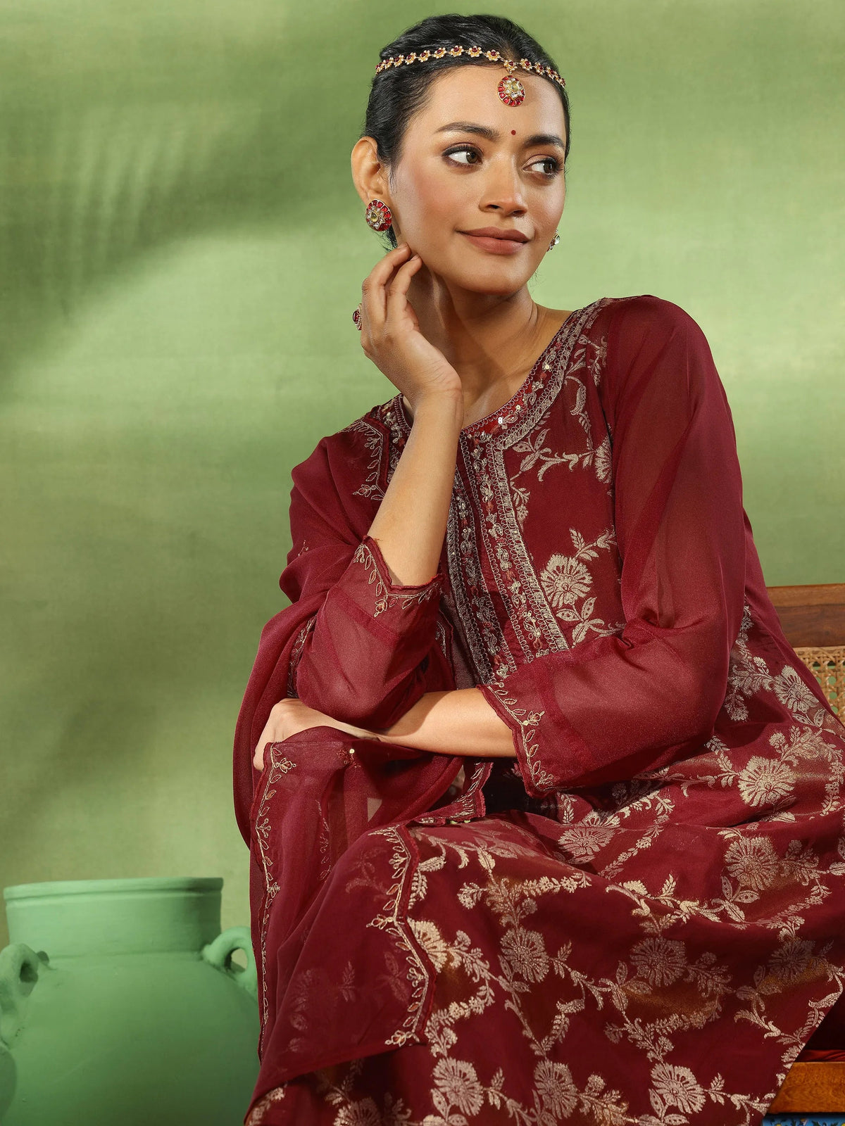 Anouk Maroon Woven Design Organza Straight Suit With Dupatta