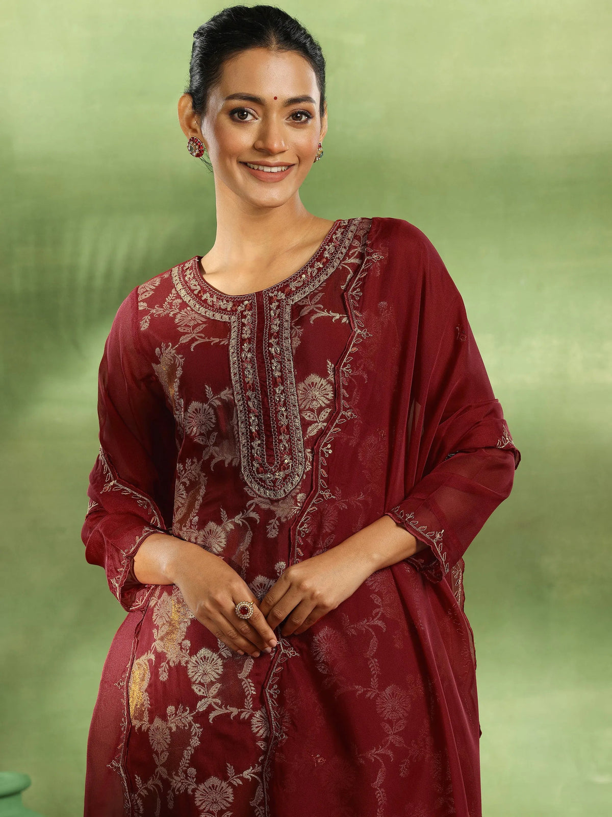 Anouk Maroon Woven Design Organza Straight Suit With Dupatta