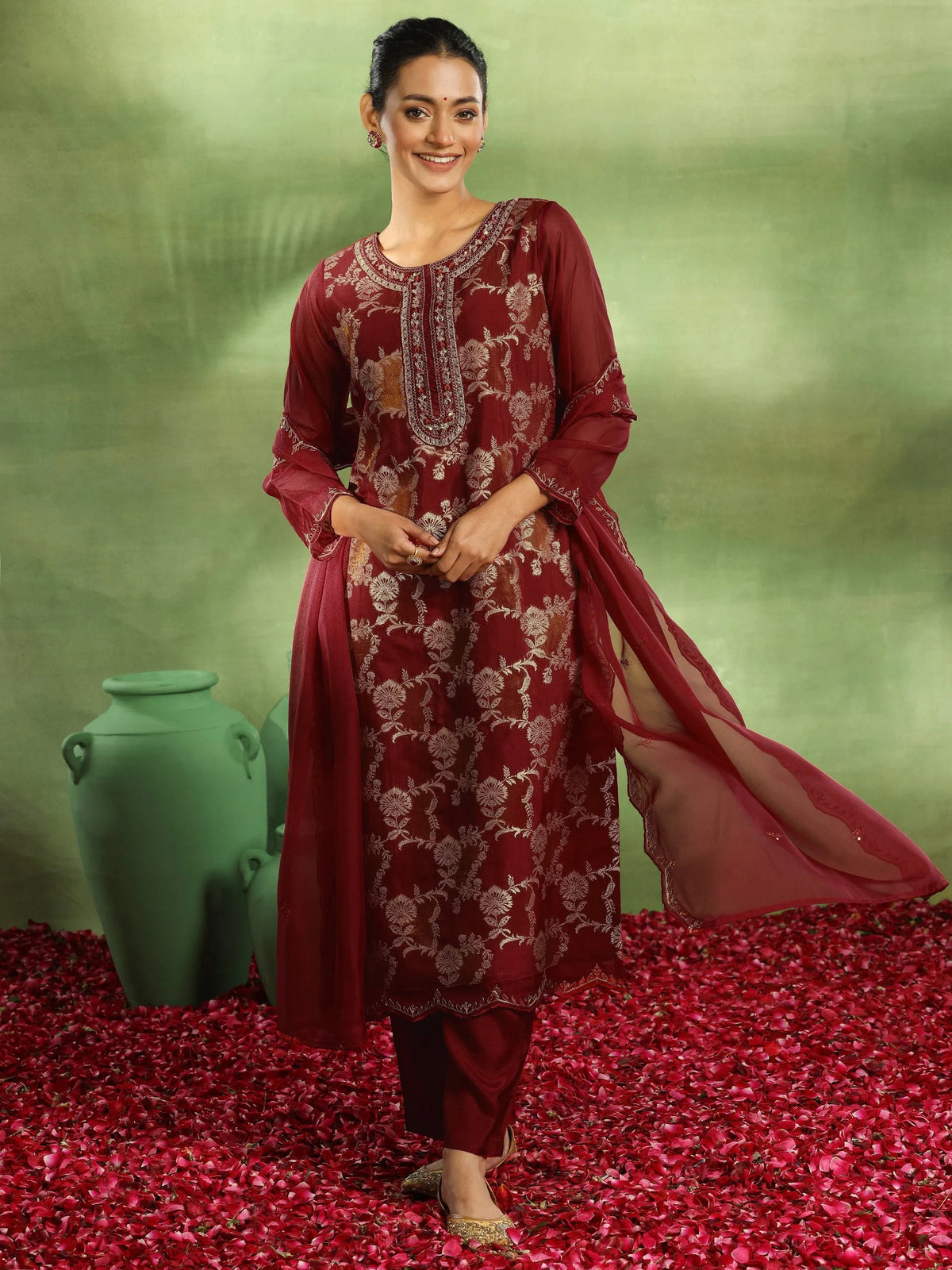 Anouk Maroon Woven Design Organza Straight Suit With Dupatta