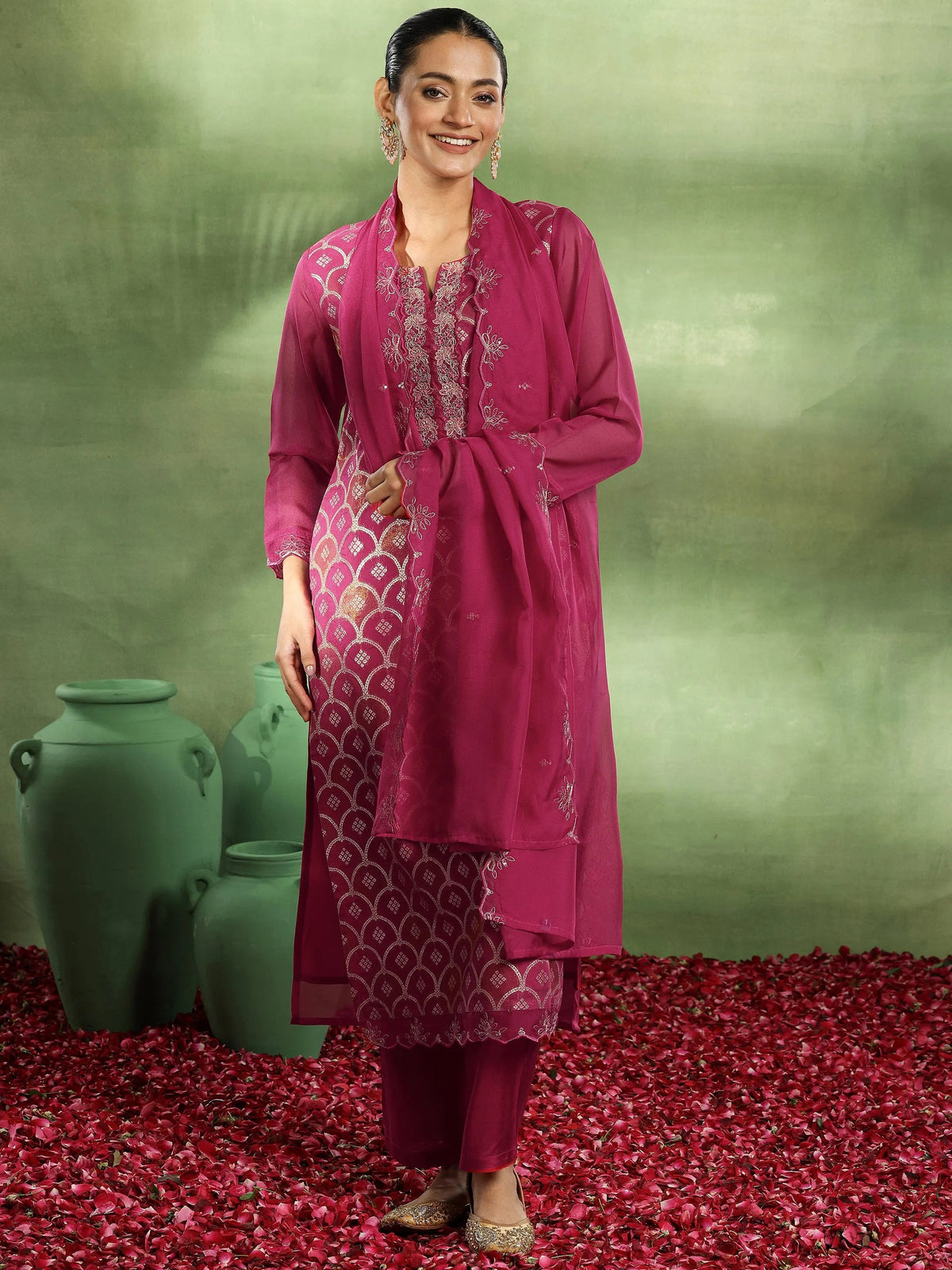 Anouk Pink Woven Design Organza Straight Suit With Dupatta