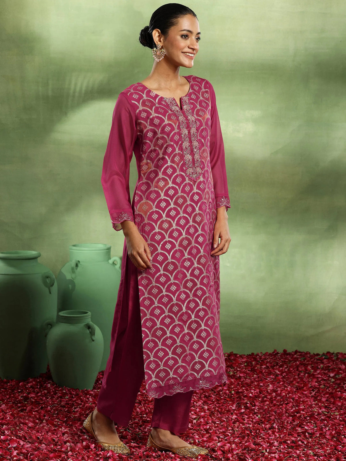 Anouk Pink Woven Design Organza Straight Suit With Dupatta