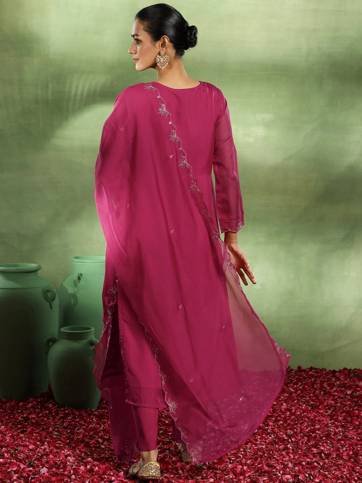 Anouk Pink Woven Design Organza Straight Suit With Dupatta