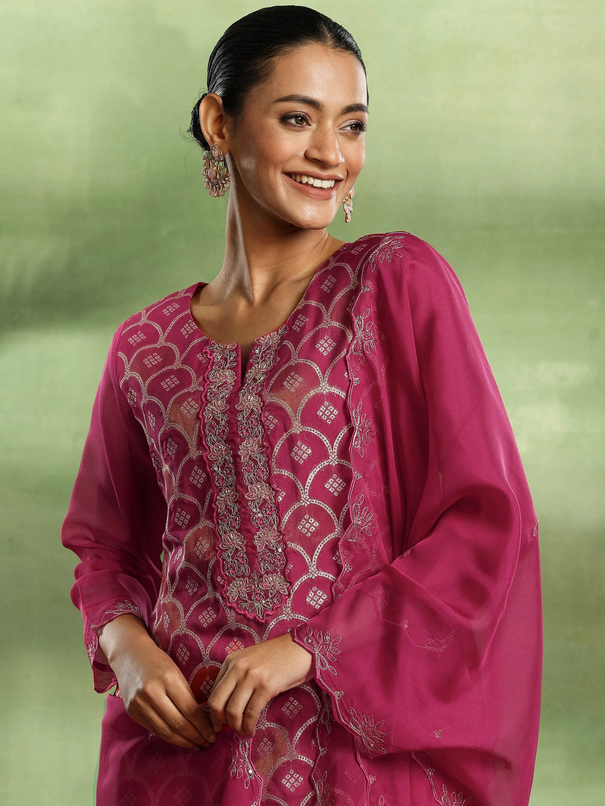 Anouk Pink Woven Design Organza Straight Suit With Dupatta
