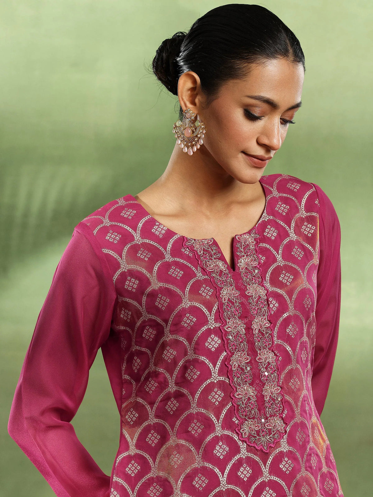 Anouk Pink Woven Design Organza Straight Suit With Dupatta