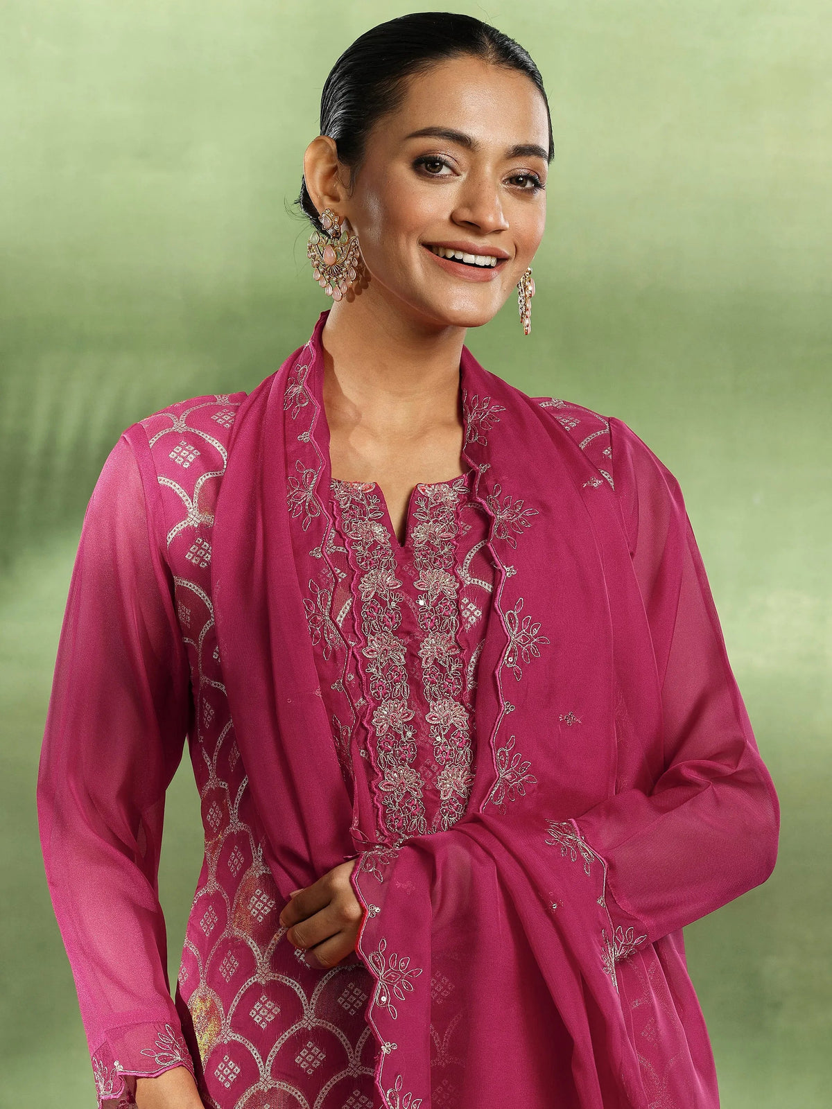 Anouk Pink Woven Design Organza Straight Suit With Dupatta
