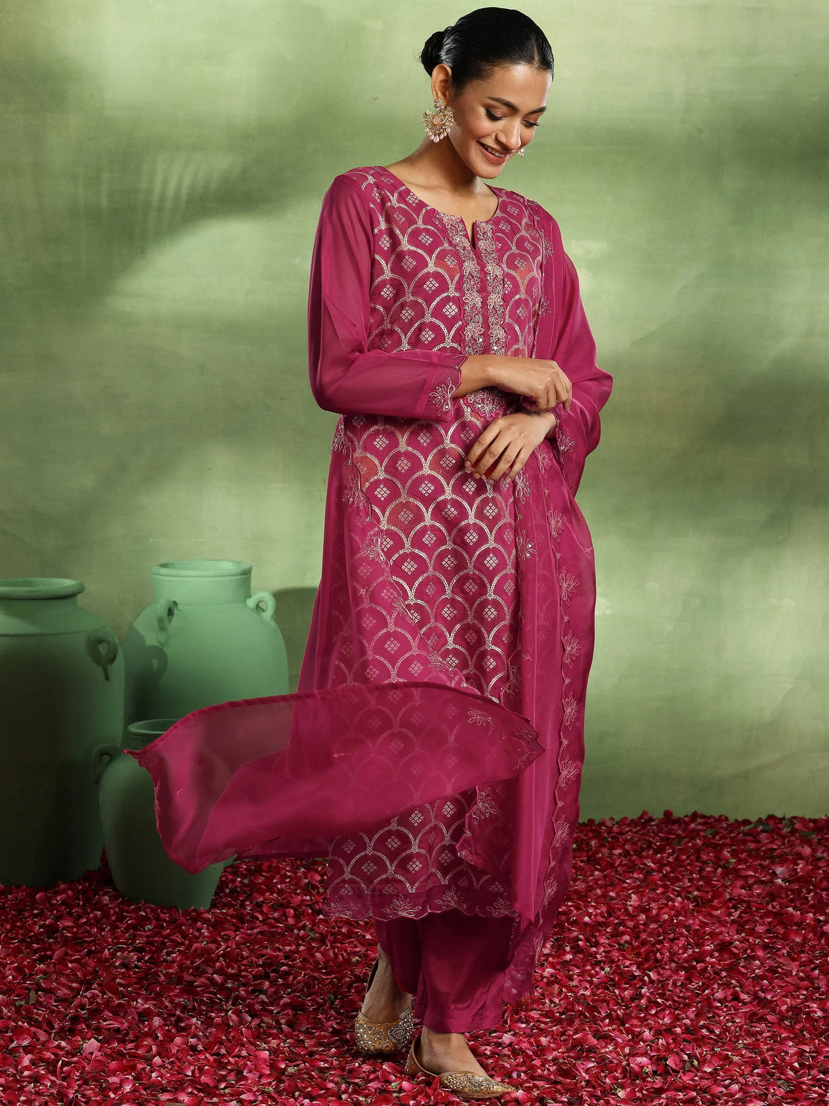 Anouk Pink Woven Design Organza Straight Suit With Dupatta