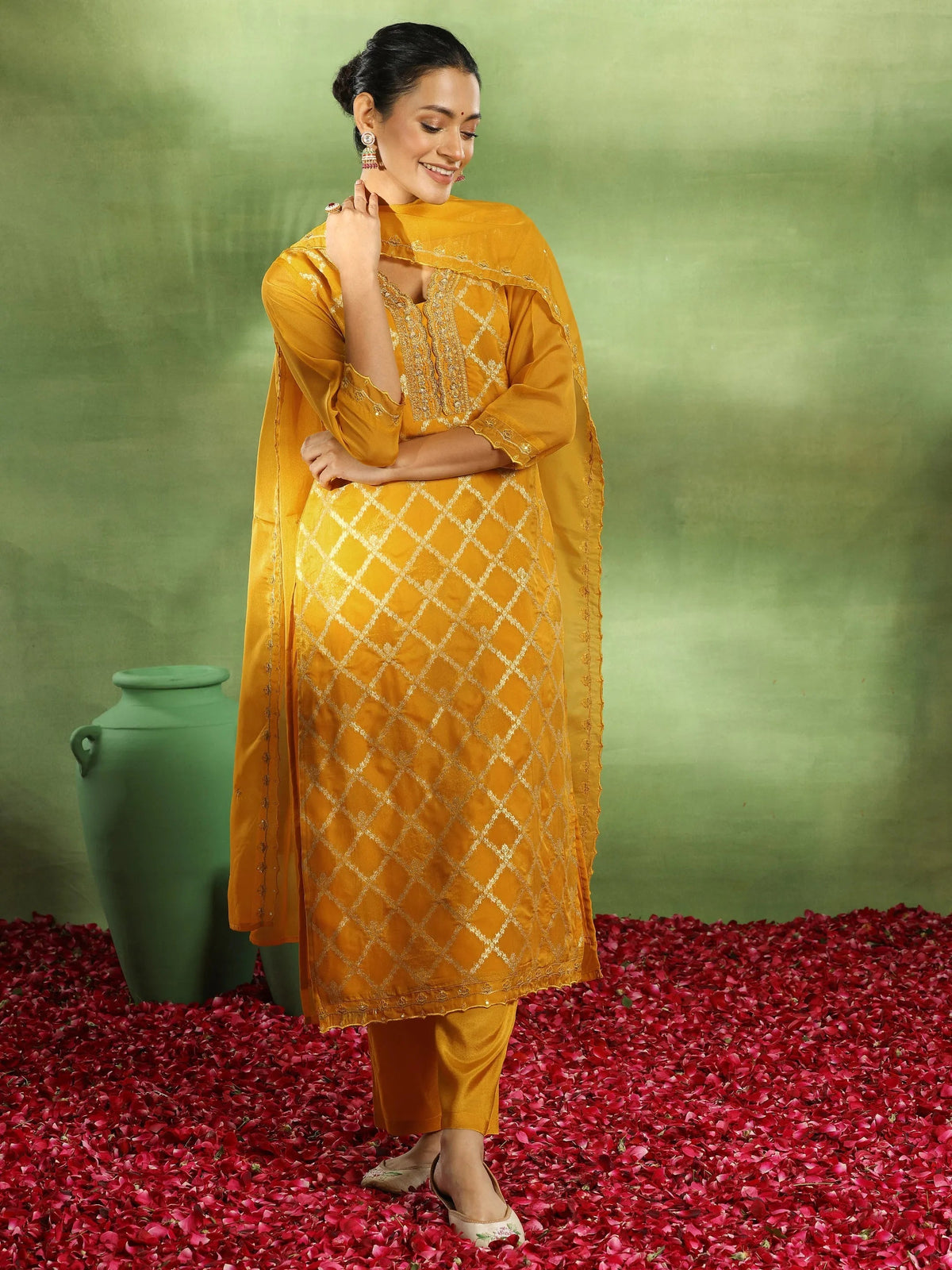 Anouk Yellow Woven Design Organza Straight Suit With Dupatta