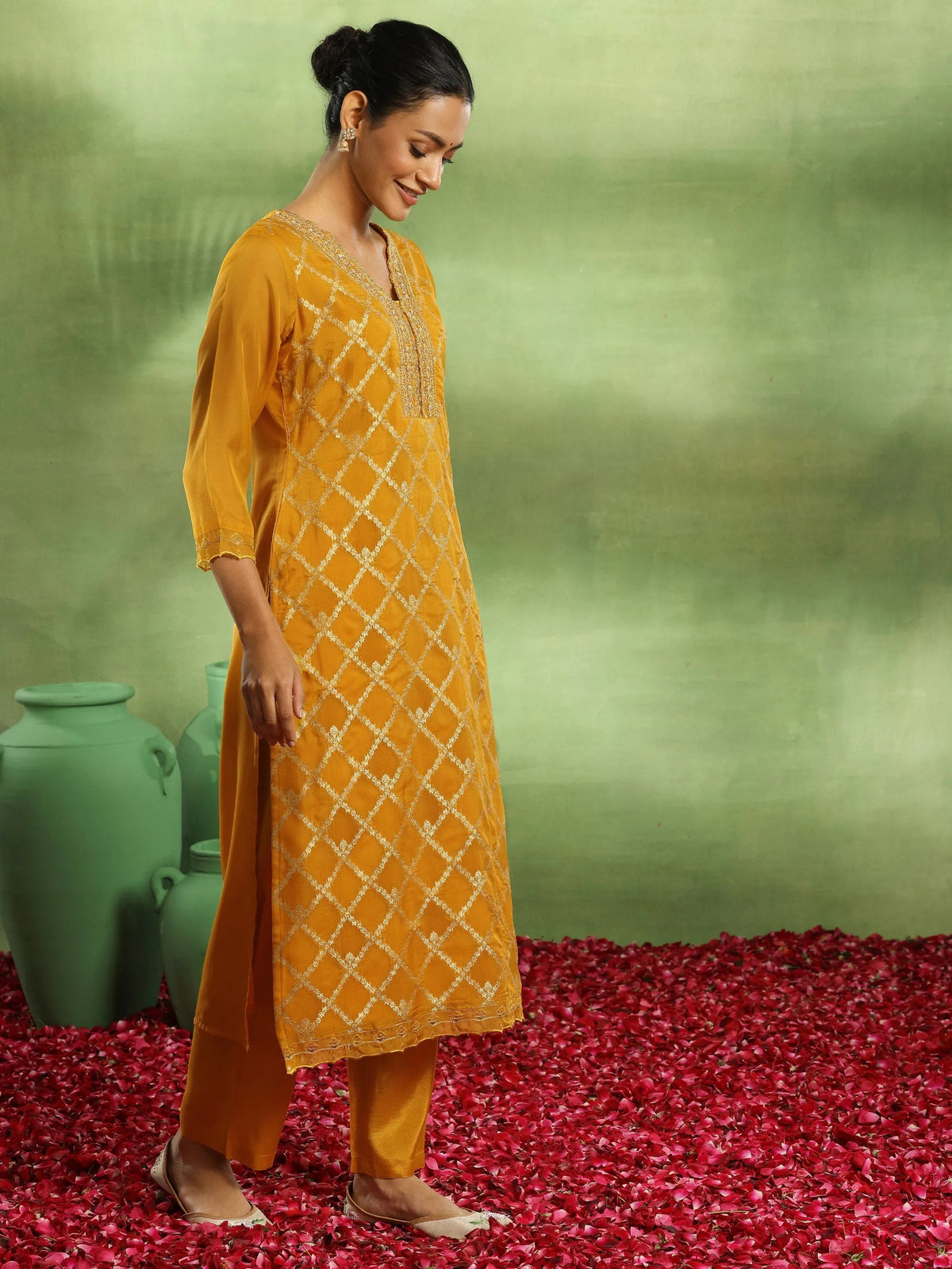 Anouk Yellow Woven Design Organza Straight Suit With Dupatta