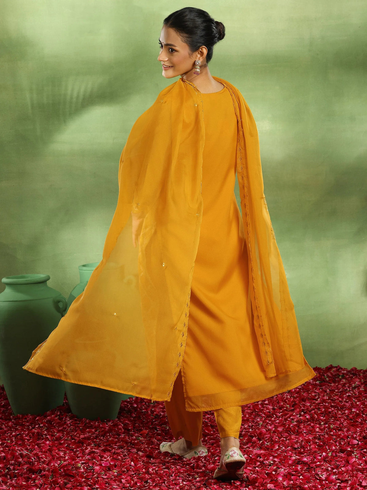 Anouk Yellow Woven Design Organza Straight Suit With Dupatta