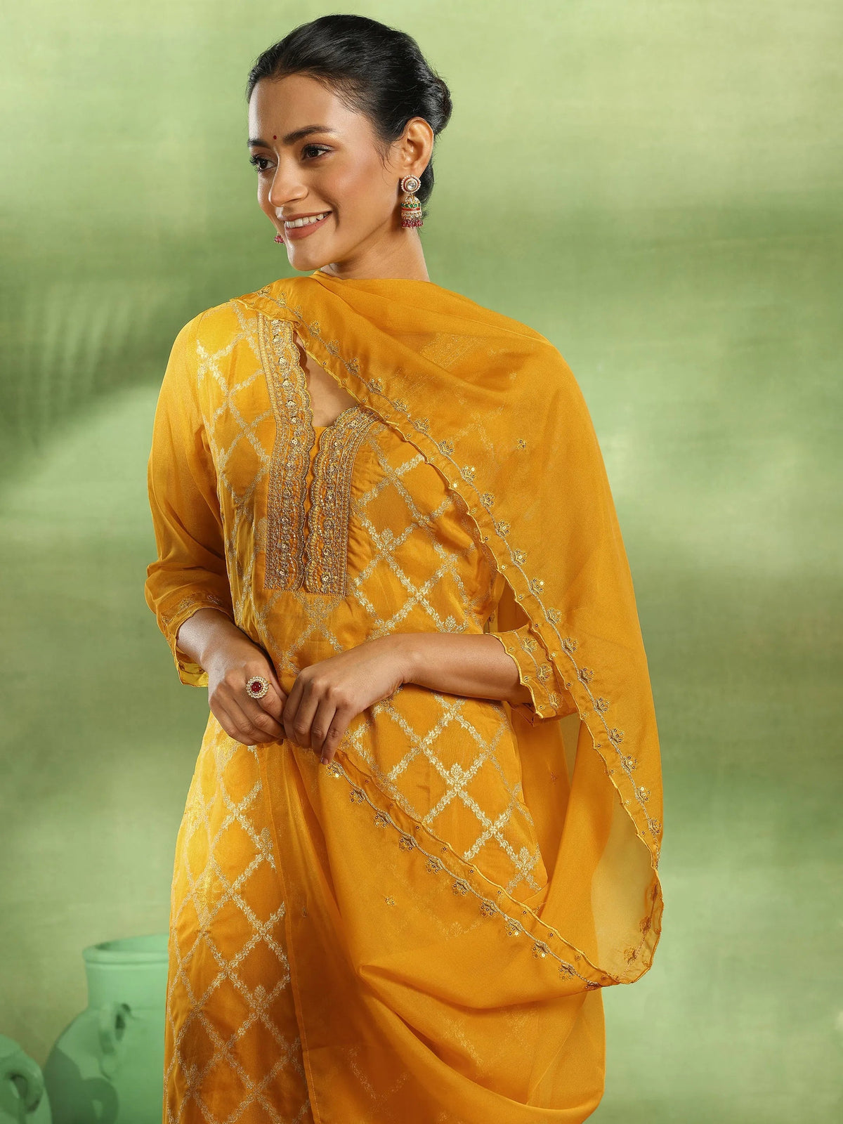 Anouk Yellow Woven Design Organza Straight Suit With Dupatta