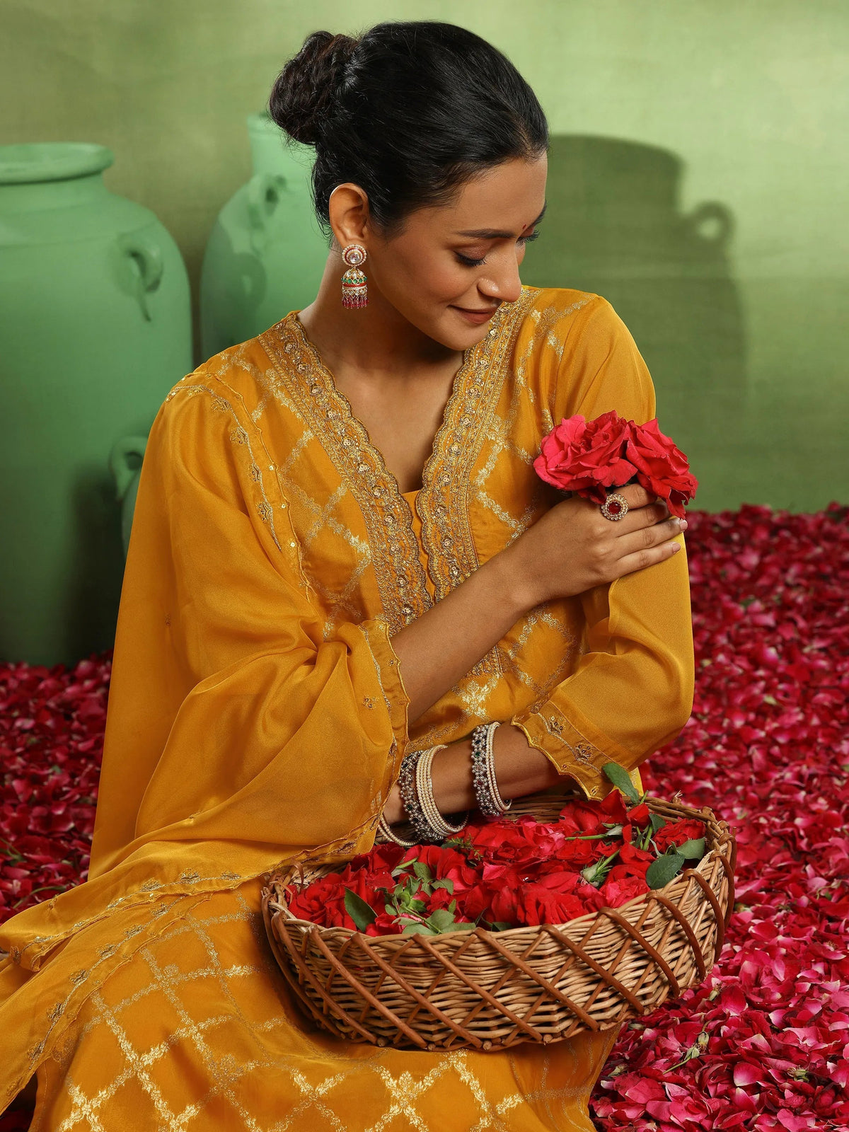 Anouk Yellow Woven Design Organza Straight Suit With Dupatta